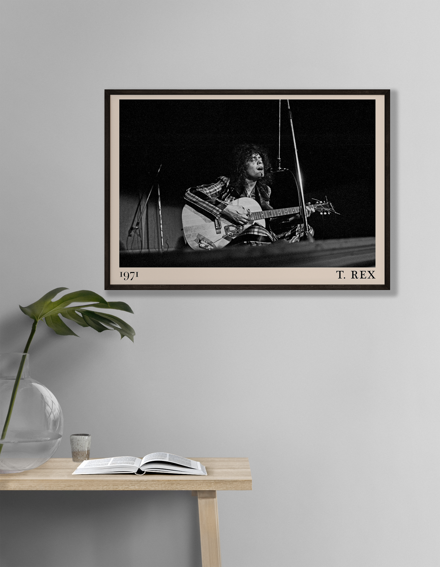 Iconic image of rock band T. Rec performing, captured by Heinrich Klaffs in 1971 and transformed into vintage-inspired wall decor hanging on a white living room wall