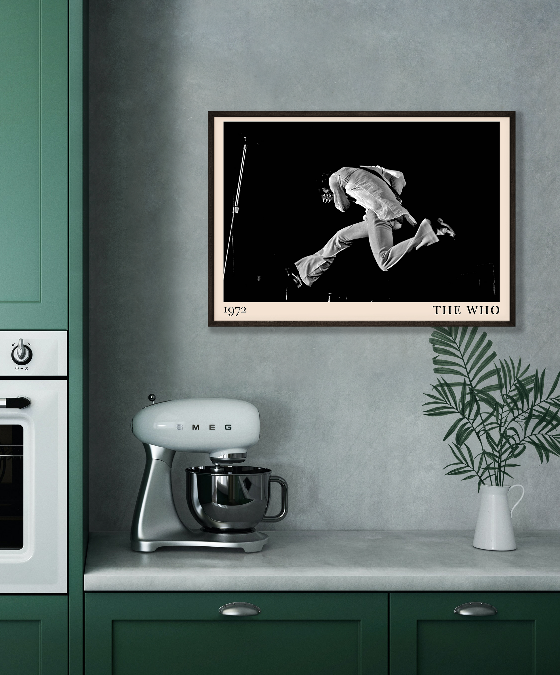Iconic image of rock band The Who performing, captured by Heinrich Klaffs in 1971 and transformed into vintage-inspired wall decor hanging on a grey kitchen wall