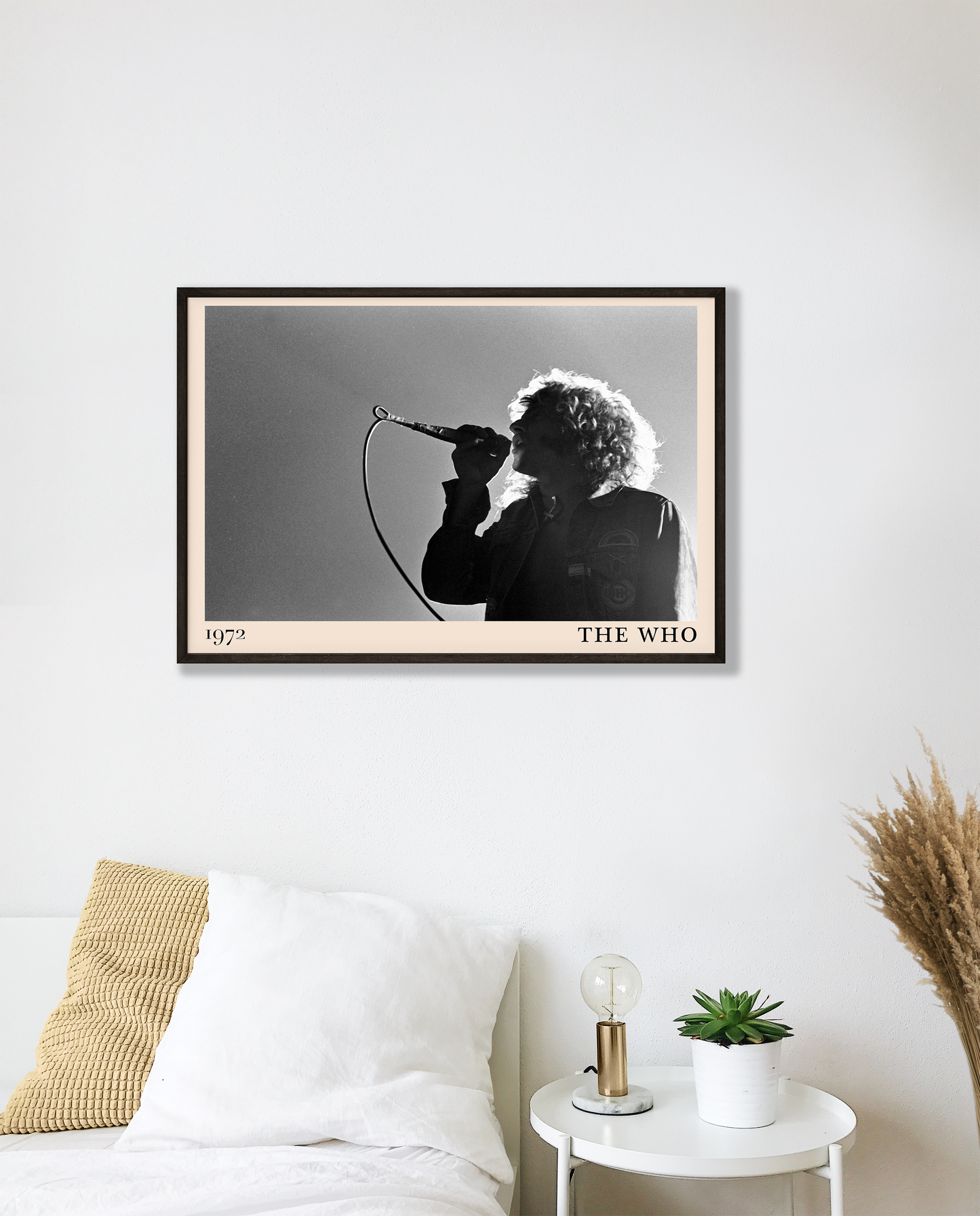 Iconic image of rock band The Who performing, captured by Heinrich Klaffs in 1971 and transformed into vintage-inspired wall decor hanging on a white bedroom wall