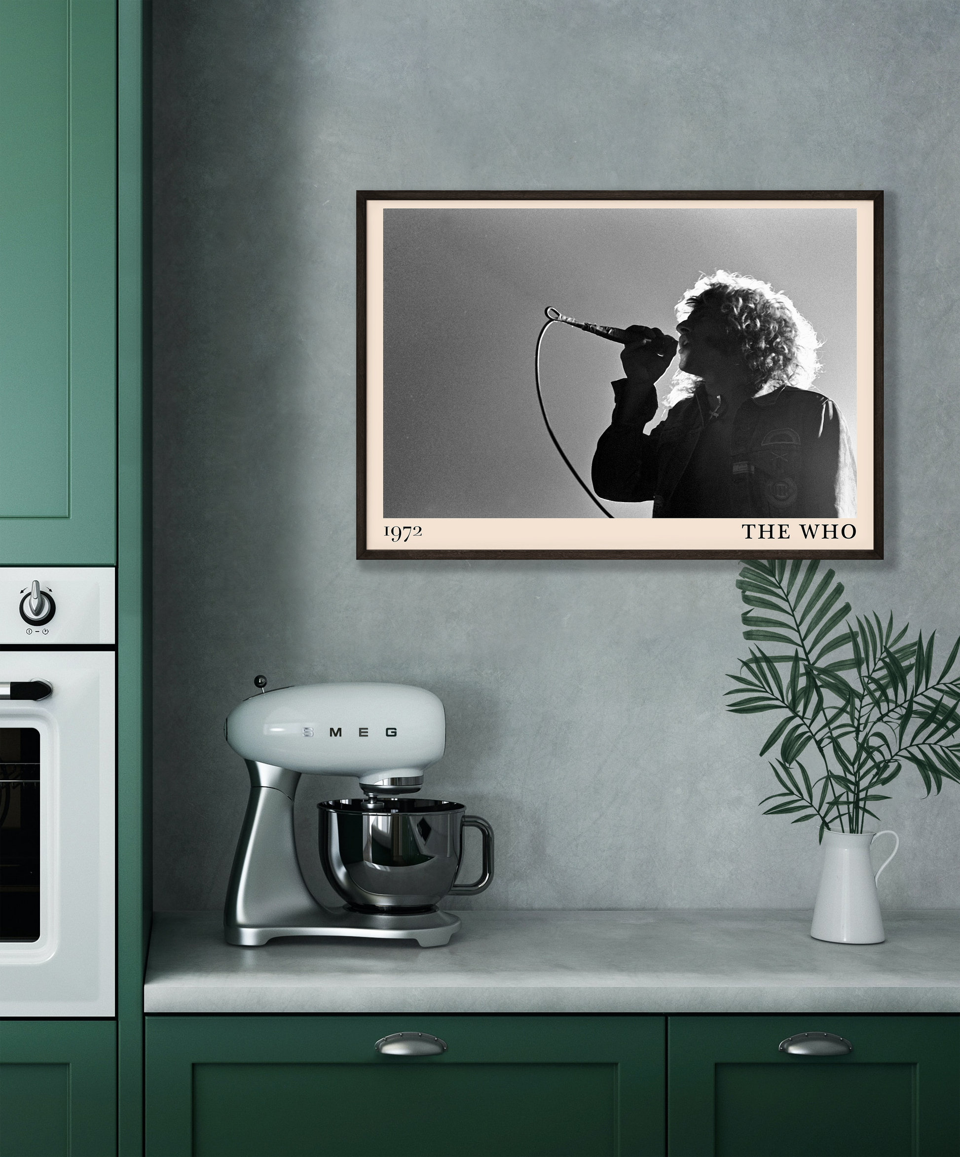 Iconic image of rock band The Who performing, captured by Heinrich Klaffs in 1971 and transformed into vintage-inspired wall decor hanging on a grey kitchen wall