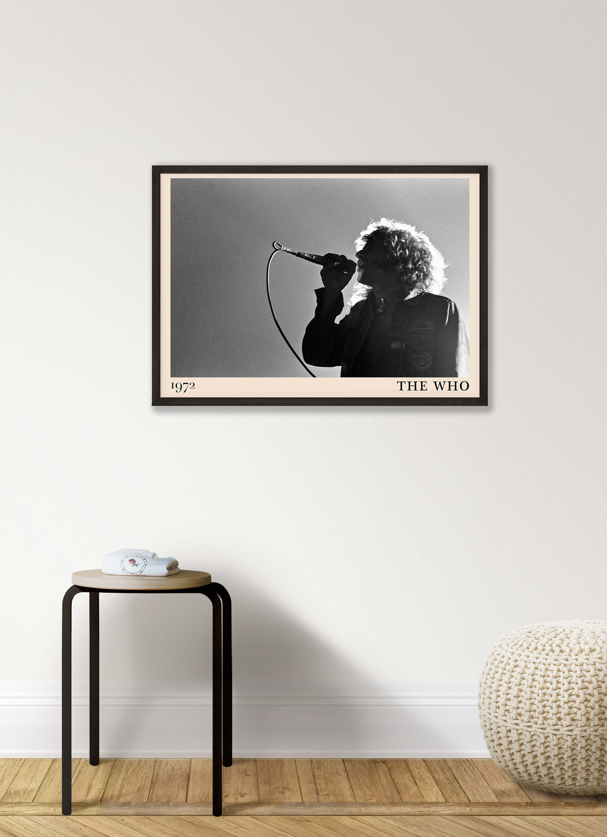 Iconic image of rock band The Who performing, captured by Heinrich Klaffs in 1971 and transformed into vintage-inspired wall decor hanging on a white living room wall