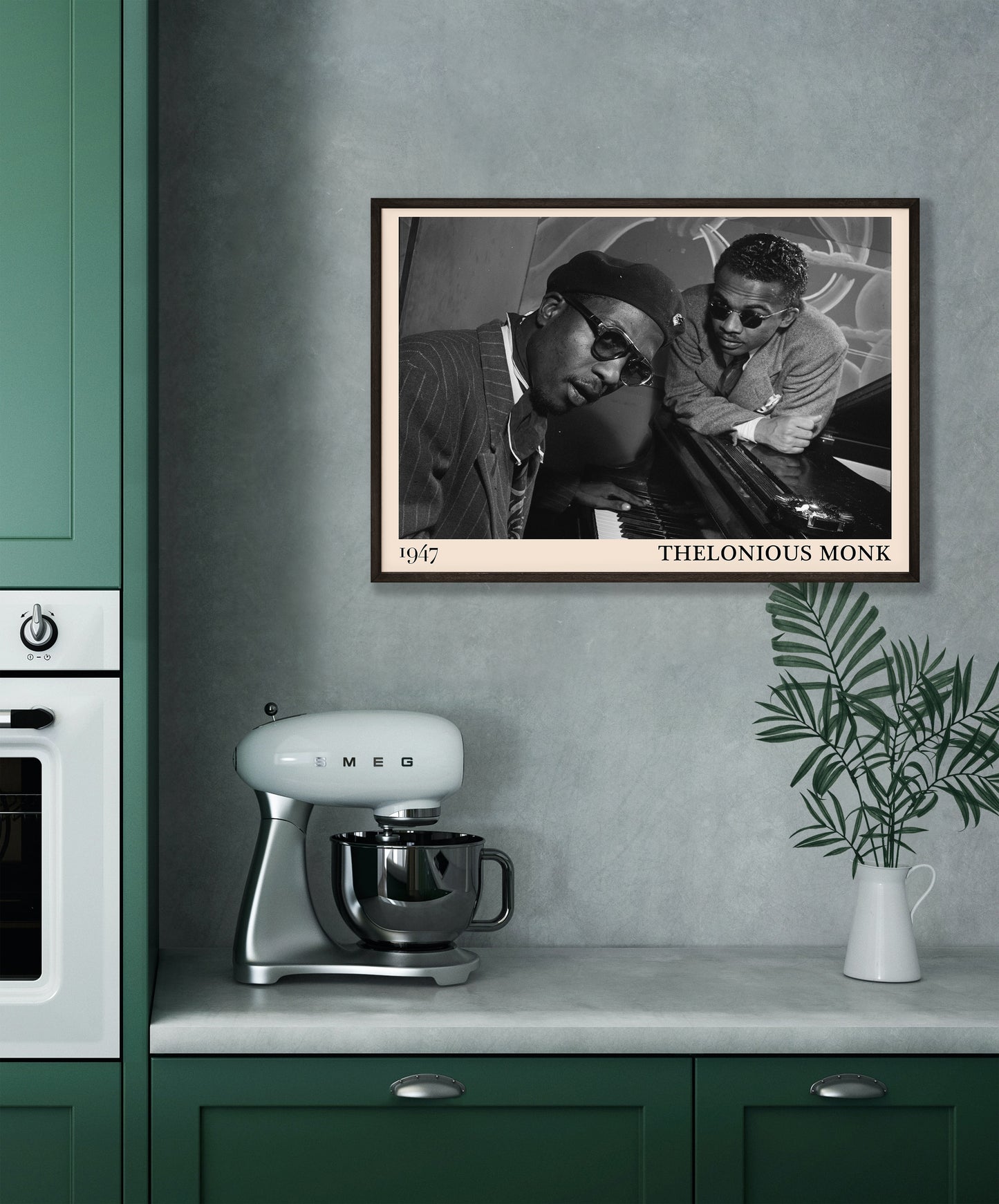 1947 photo of Thelonious Monk, crafted into an elegant black-framed print. Hanging on a grey kitchen wall