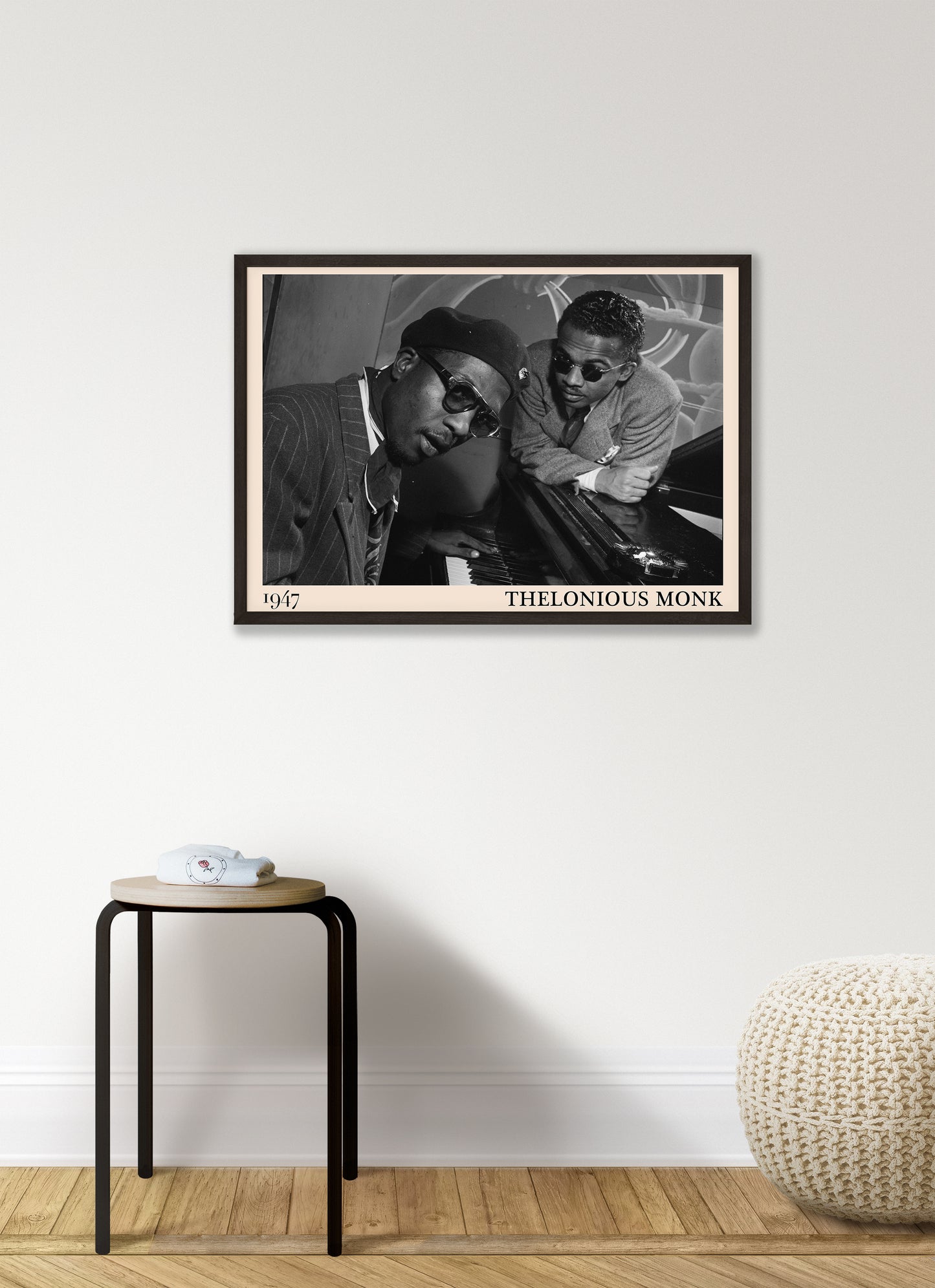 1947 photo of Thelonious Monk, crafted into an elegant black-framed print. Hanging on a white living room wall