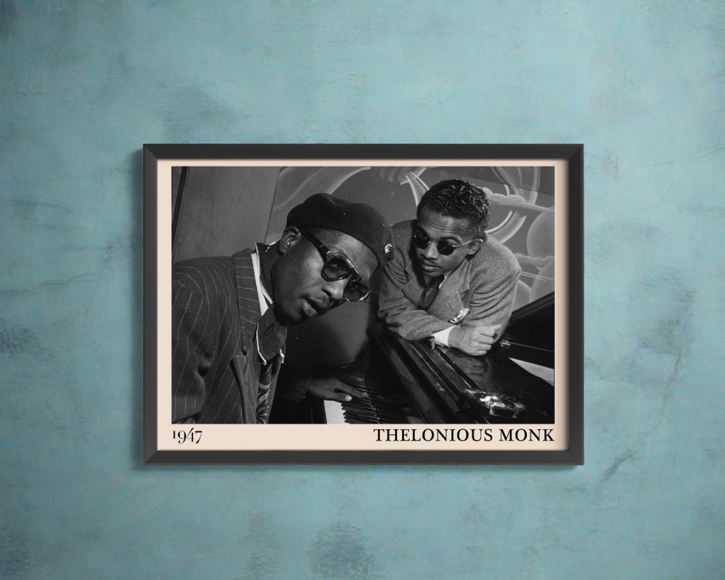 1947 photo of Thelonious Monk, crafted into an elegant black-framed print. Hanging on a blue wall