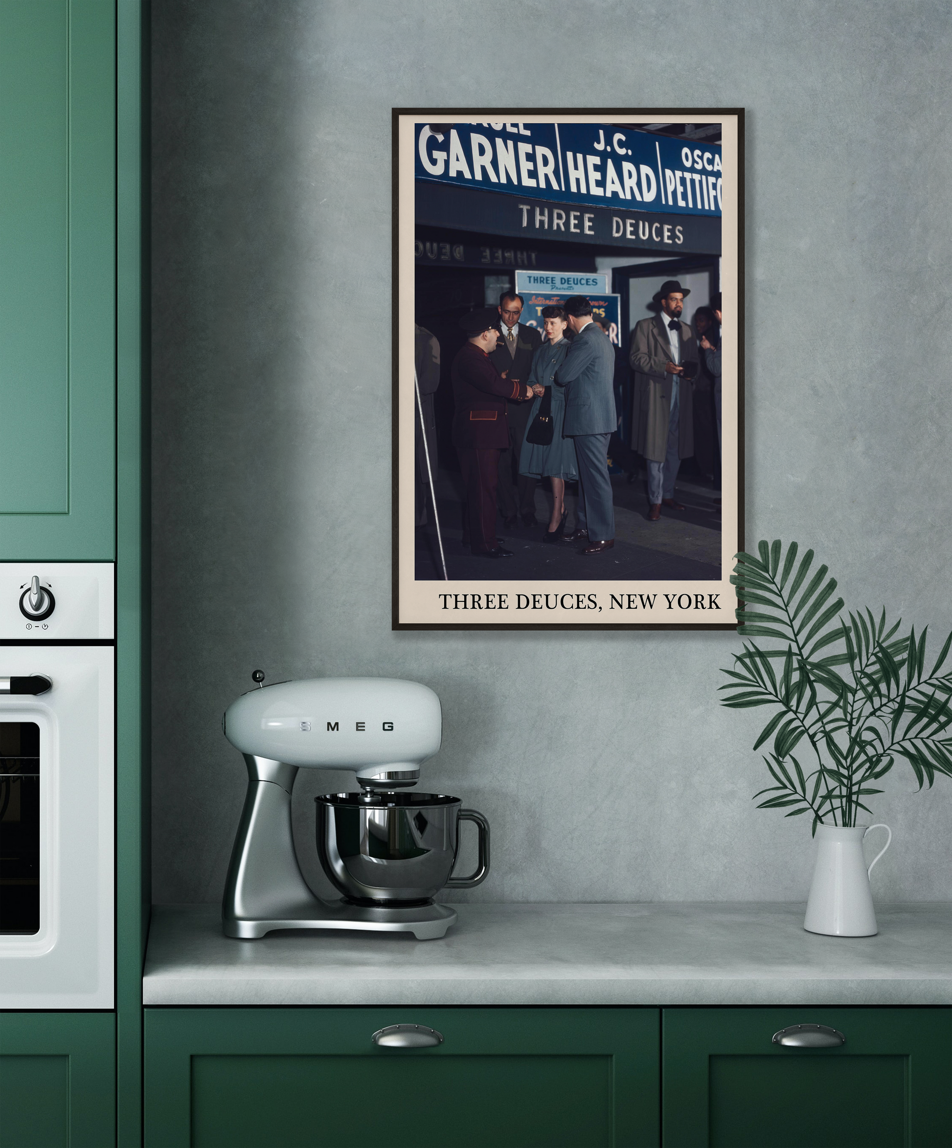 Iconic photo of the Three Deuces in New York captured in a retro black framed jazz venue print, hanging on a grey kitchen wall