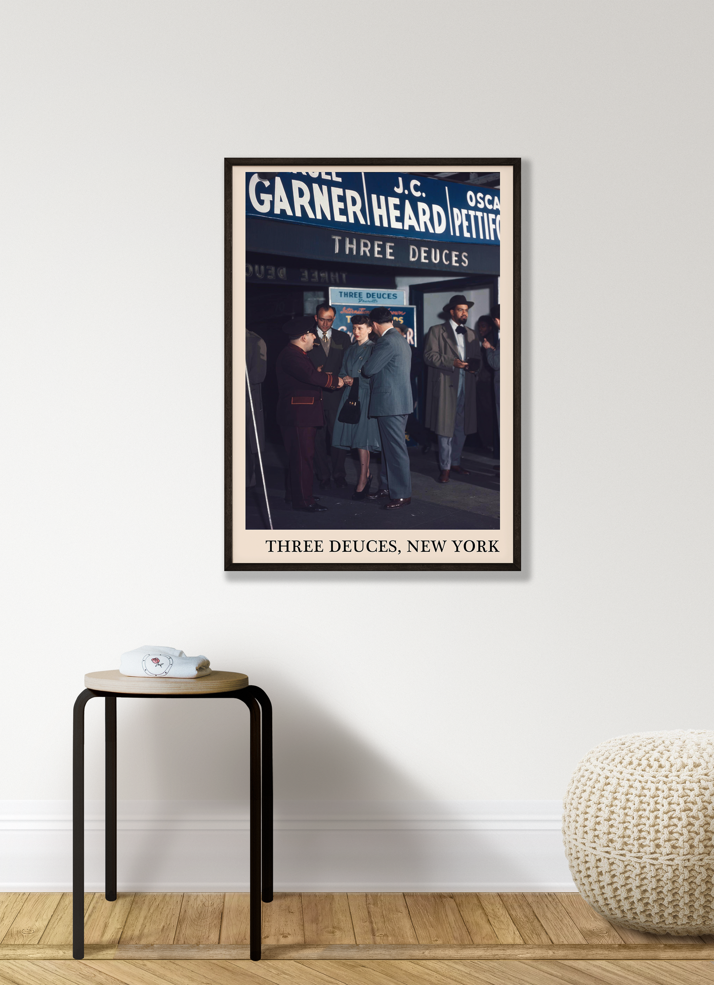 Iconic photo of the Three Deuces in New York captured in a retro black framed jazz venue poster, hanging on a white living room wall
