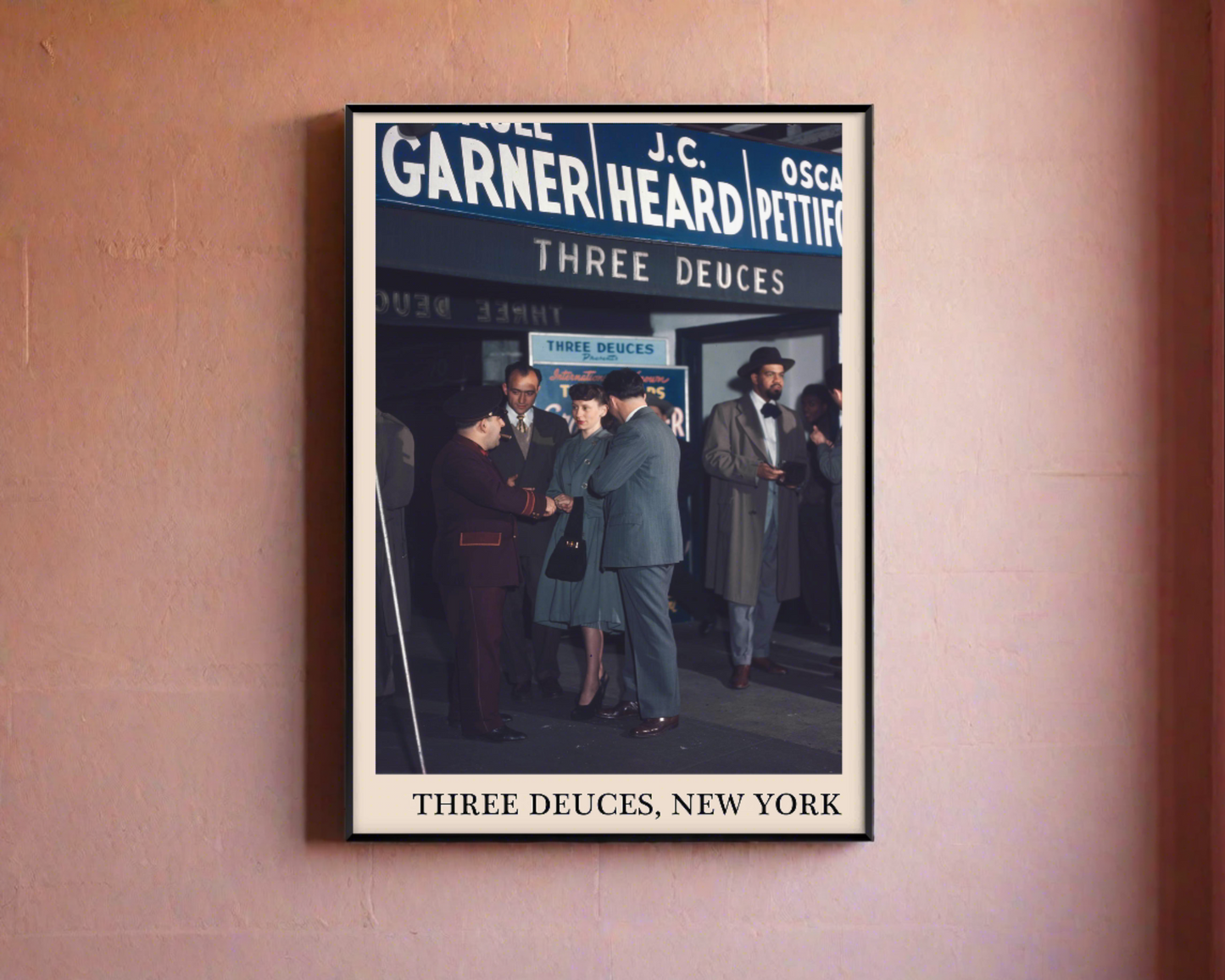 Iconic photo of the Three Deuces in New York captured in a retro black framed jazz poster, leaning against a peach coloured wall