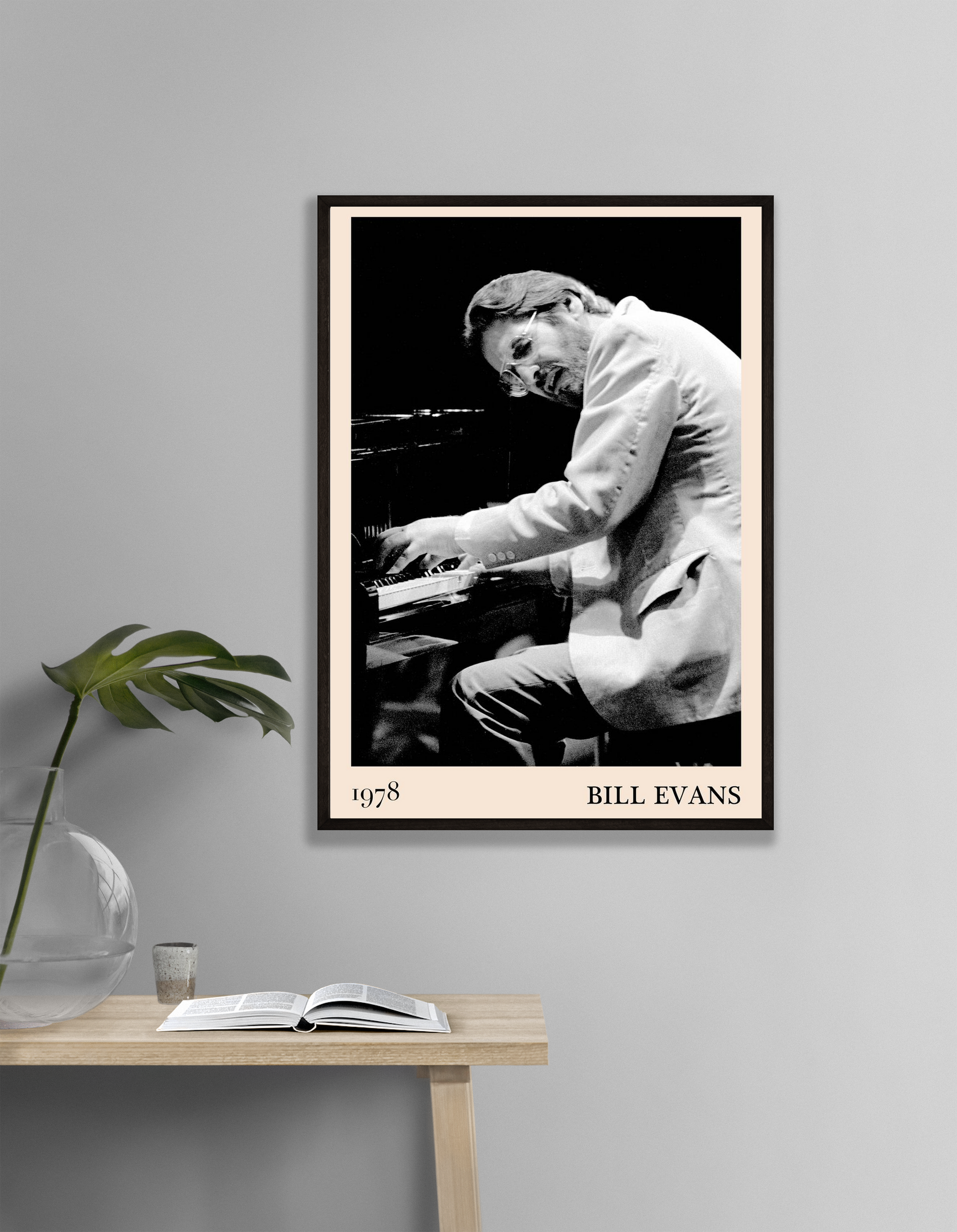 Bill Evans Jazz Concert Print in modern portrait mockup, black and white pianist design above minimalist wood table and decor