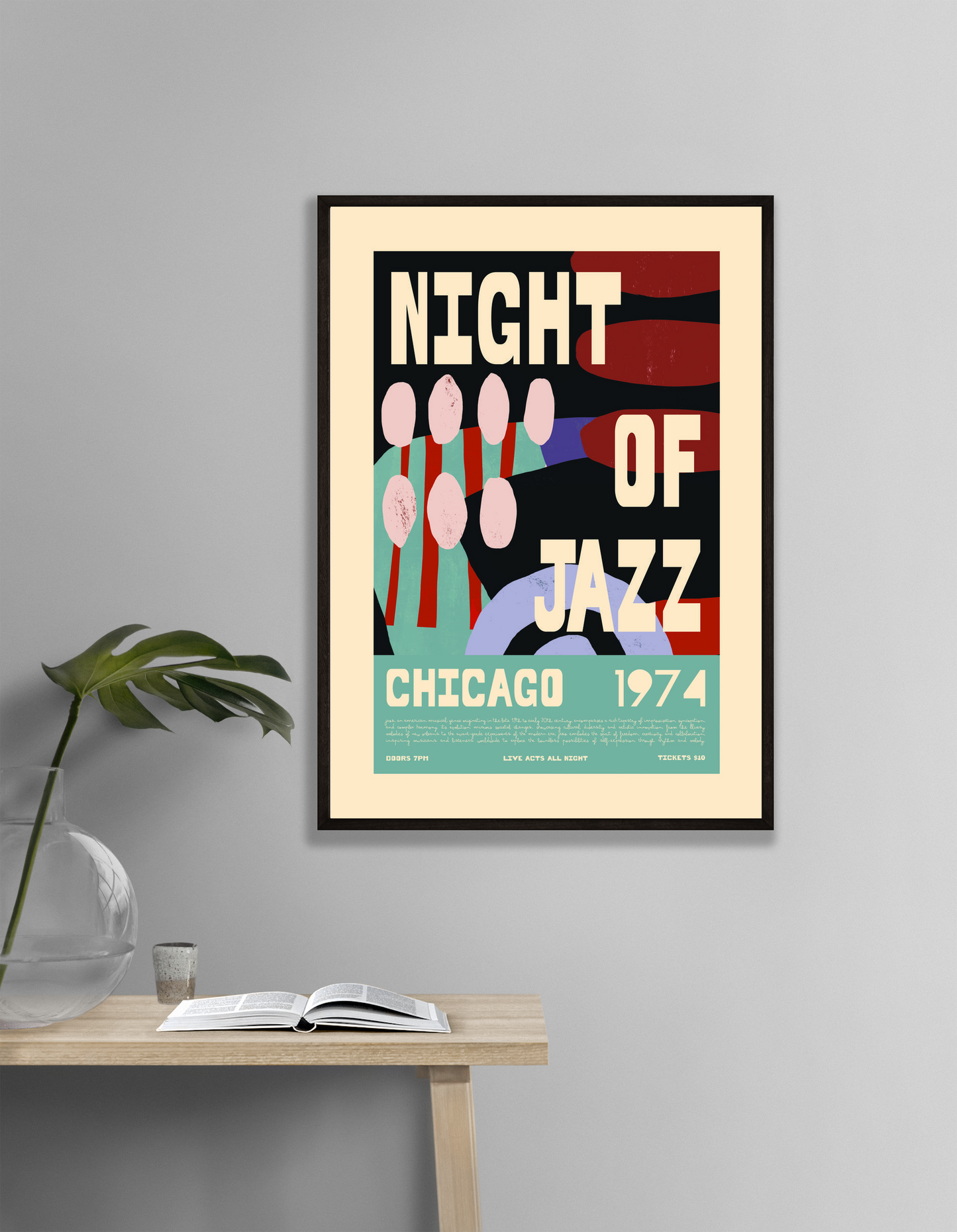 Vintage Jazz Poster – Night of Jazz Chicago 1974 Retro Wall Art Print - Mockup