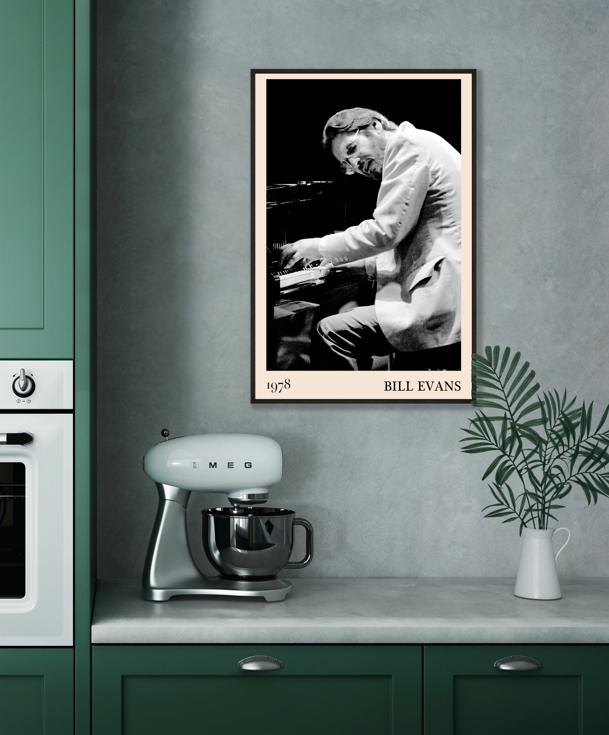 Bill Evans Jazz Concert Print in kitchen mockup, black and white pianist portrait poster above mixer on gray wall.