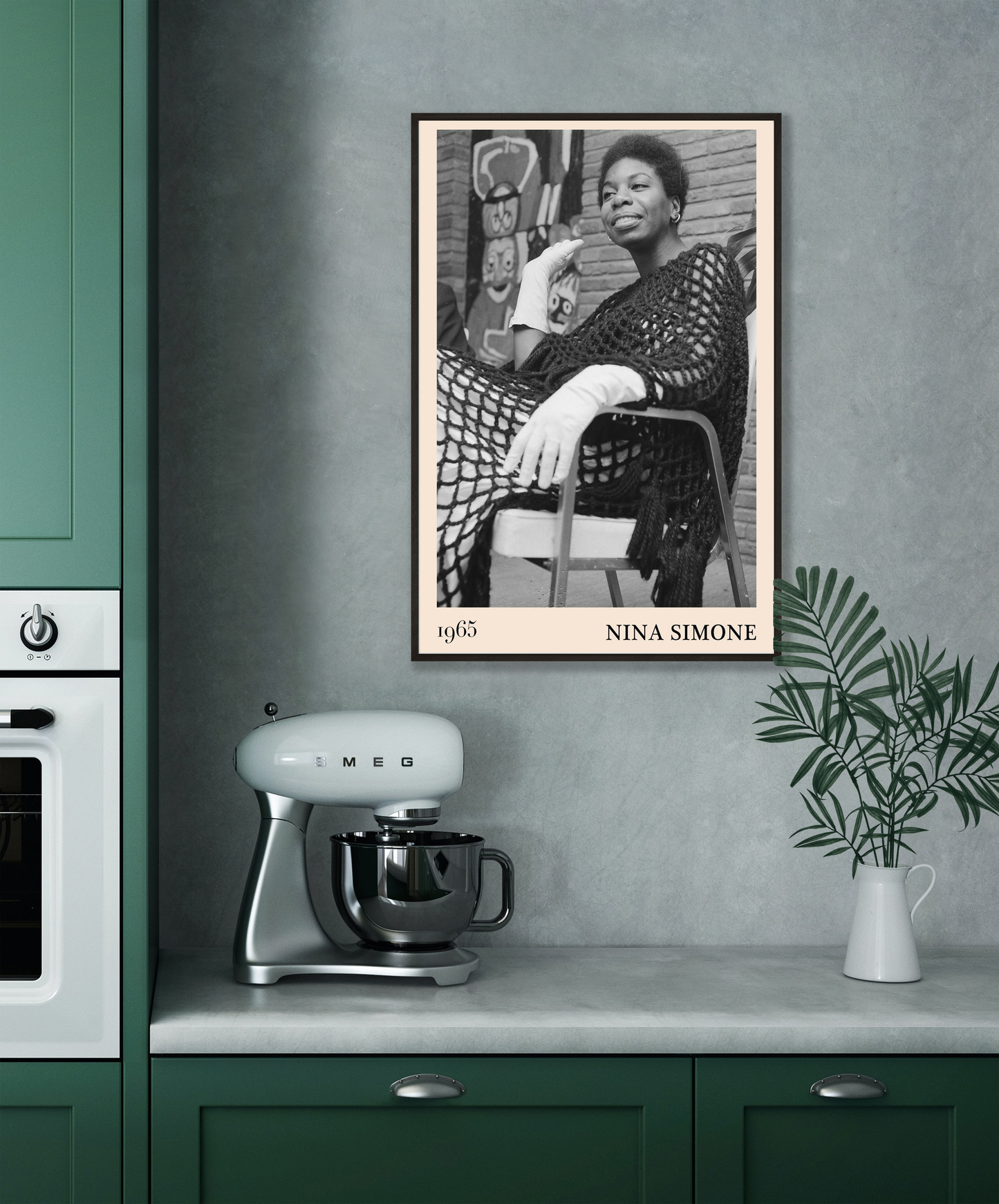 Nina Simone Jazz Print in kitchen mockup, black and white portrait poster above counter with mixer and modern green cabinets.