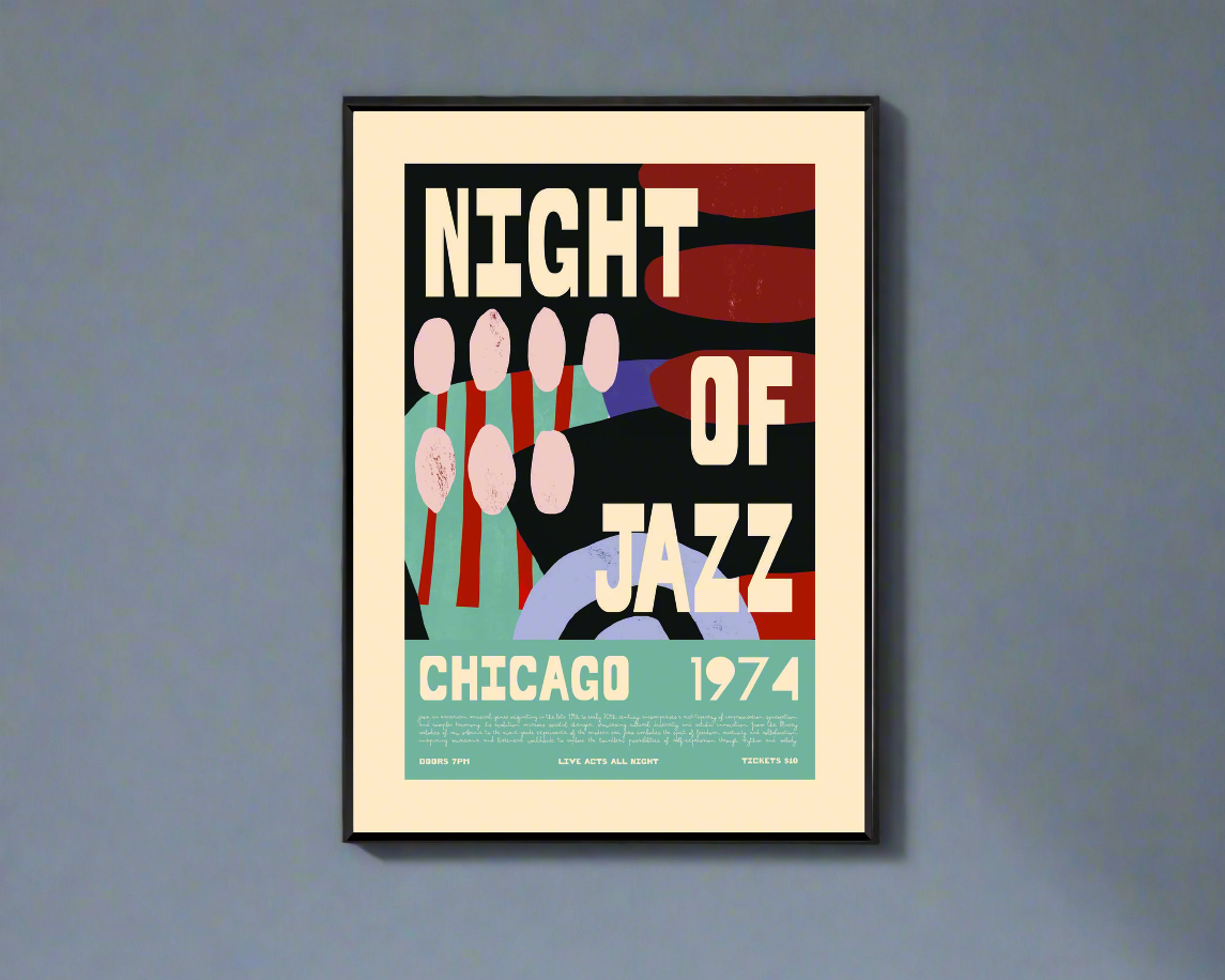 Framed poster with 'Night of Jazz Chicago 1974' design on a gray wall
