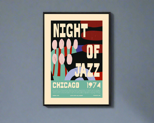 Framed poster with 'Night of Jazz Chicago 1974' design on a gray wall