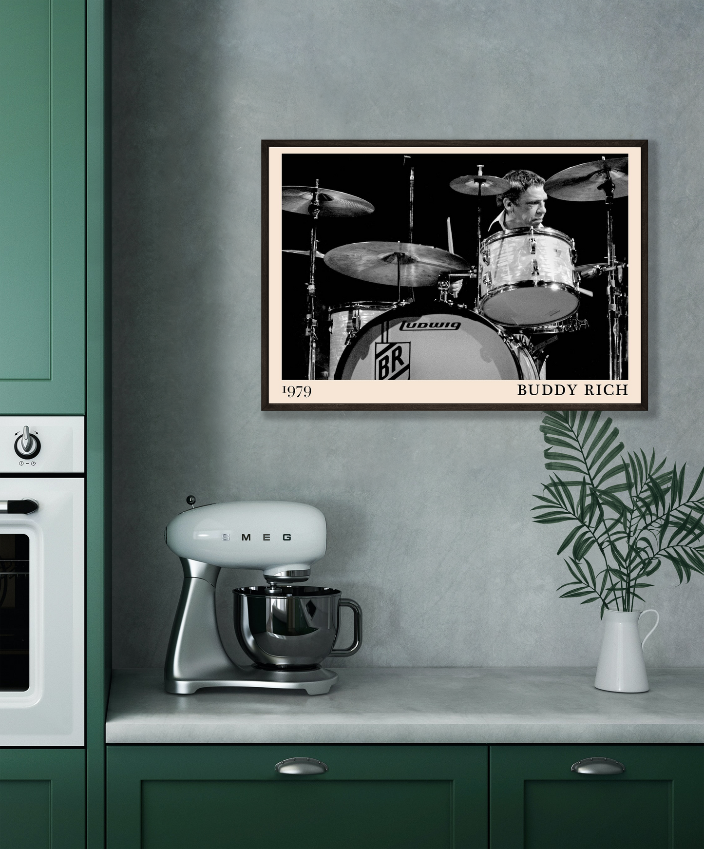 Buddy Rich Drummer Jazz Concert Print in landscape frame above modern kitchen counter, black and white jazz drum scene design
