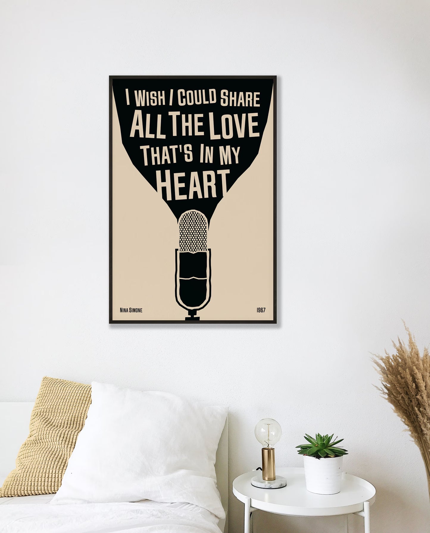 Cool jazz music poster with microphone design, featuring a Nina Simone Lyric. Retro black frame print, hanging on a white bedroom wall, perfect home decor.