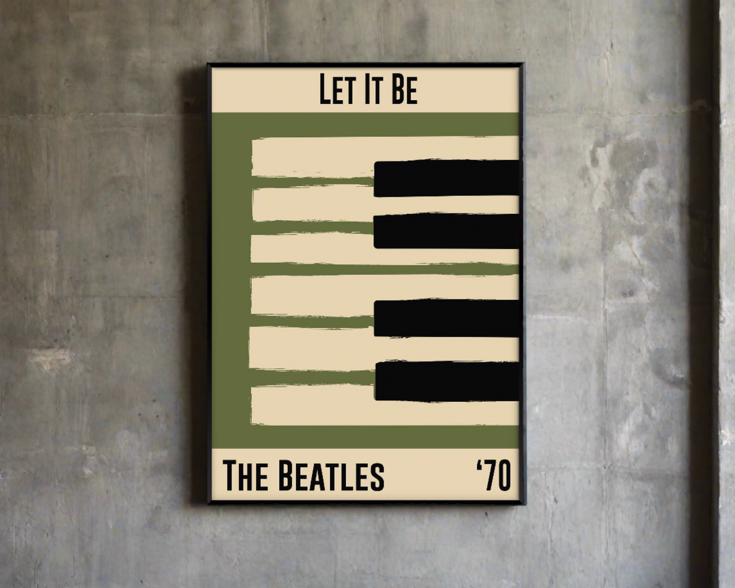 Olive green and cream piano design celebrating The Beatle's Let It Be, released in 1970. Mocked up into black framed print hanging on a concrete wall