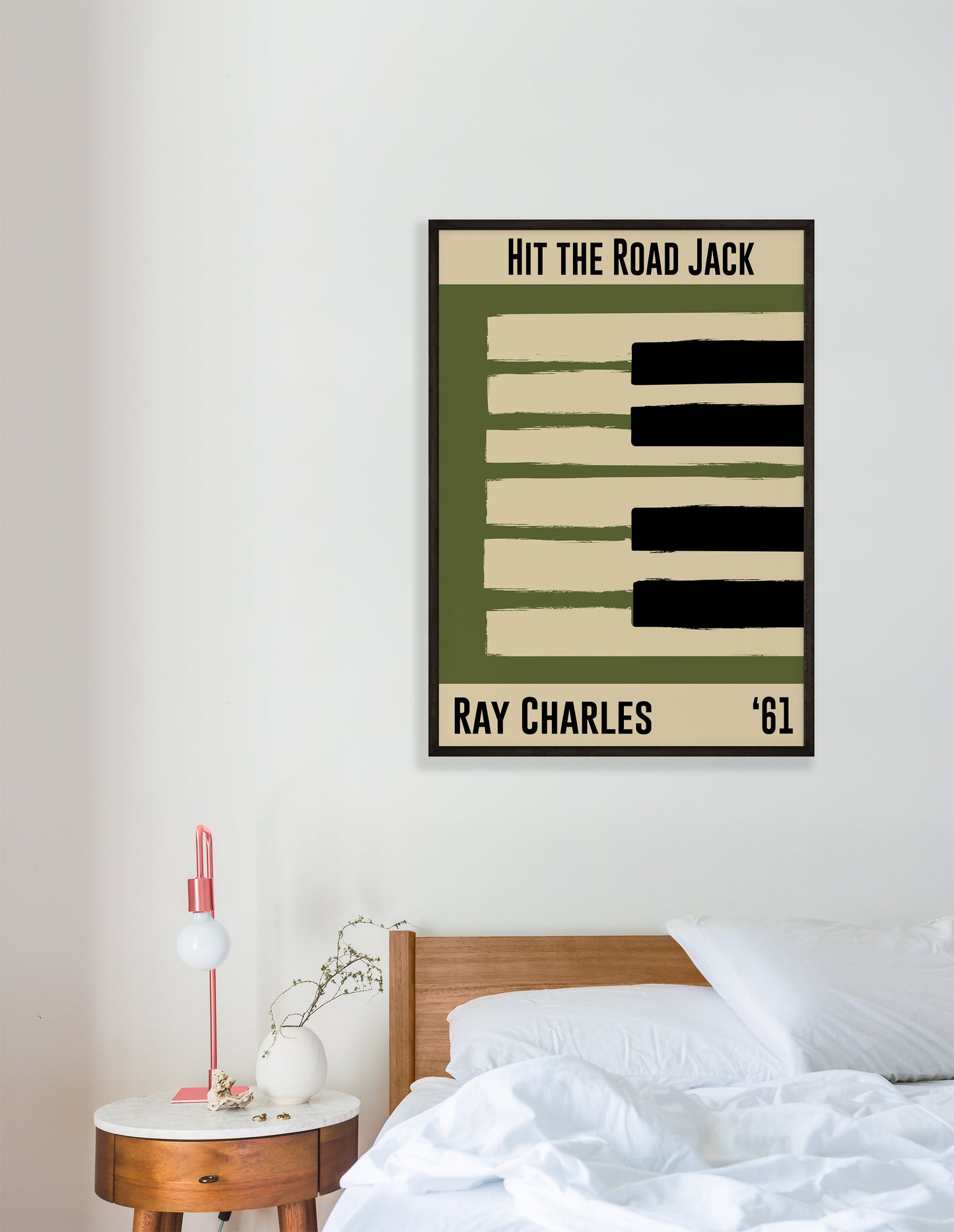 Olive green and cream piano design celebrating Ray Charles' Hit the Road Jack, released in 1961. Mocked up into black framed print hanging on a white bedroom wall