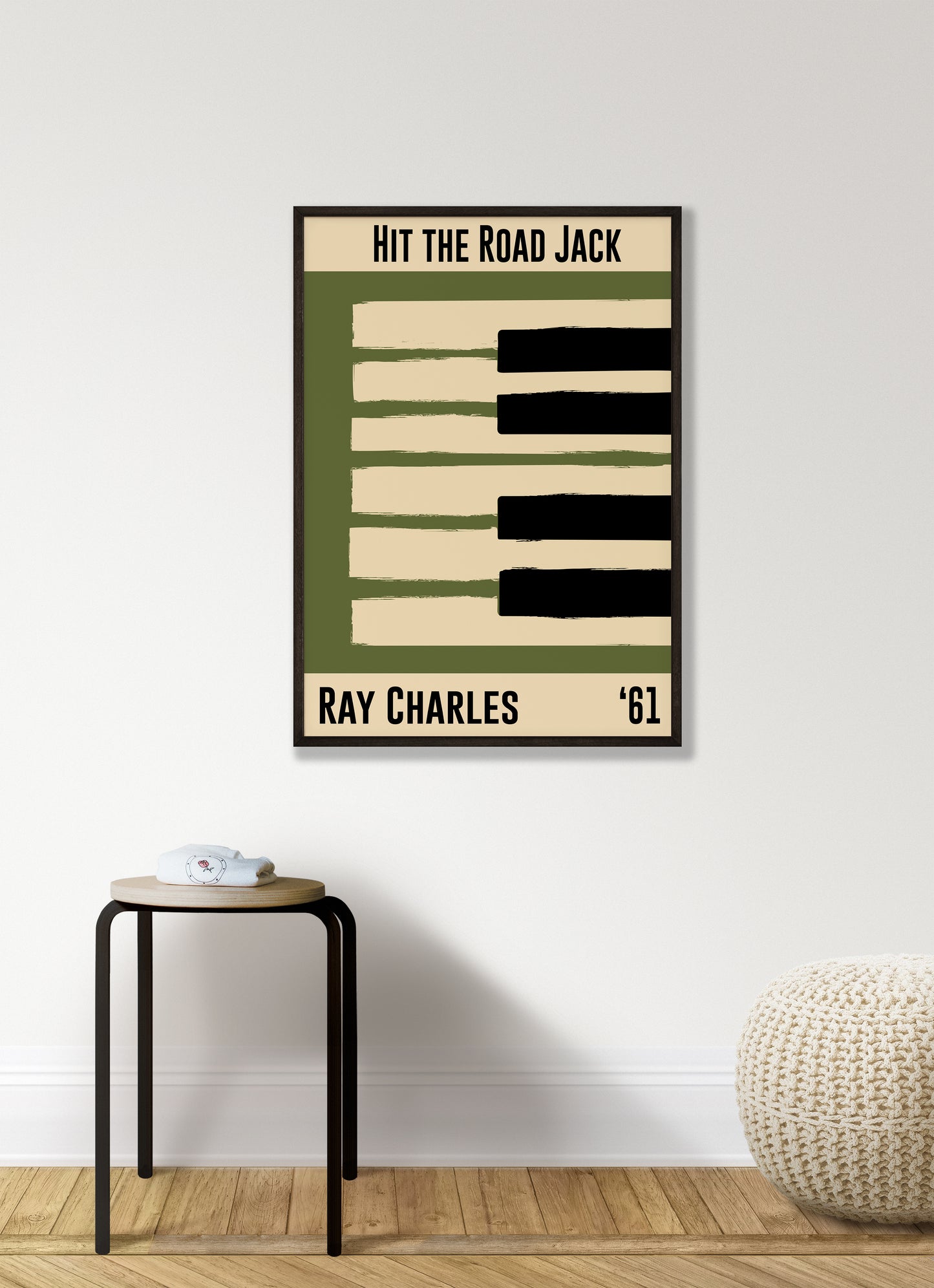 Olive green and cream piano design celebrating Ray Charles' Hit the Road Jack, released in 1961. Mocked up into black framed print hanging on a white living room wall