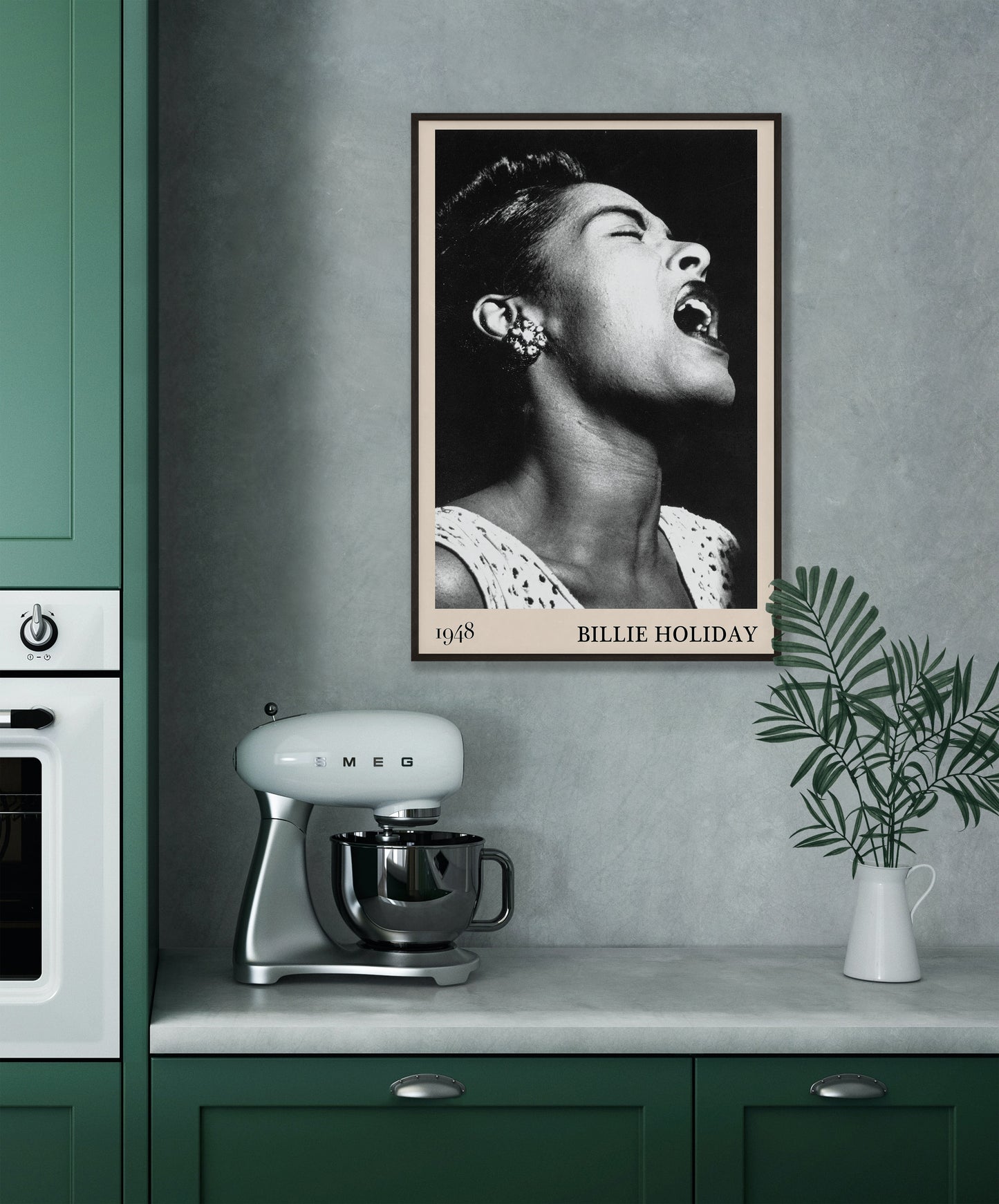 1948 photo of Billie Holiday crafted into an elegant black-framed print, hanging on a grey kitchen wall