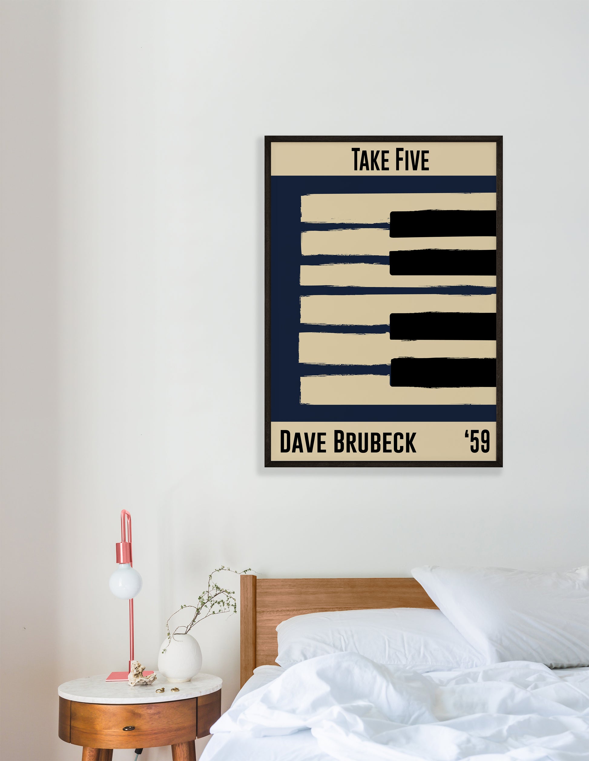Blue and cream piano design celebrating Dave Brubeck's Take Five, released in 1959. Mocked up into black framed print hanging on a white bedroom wall