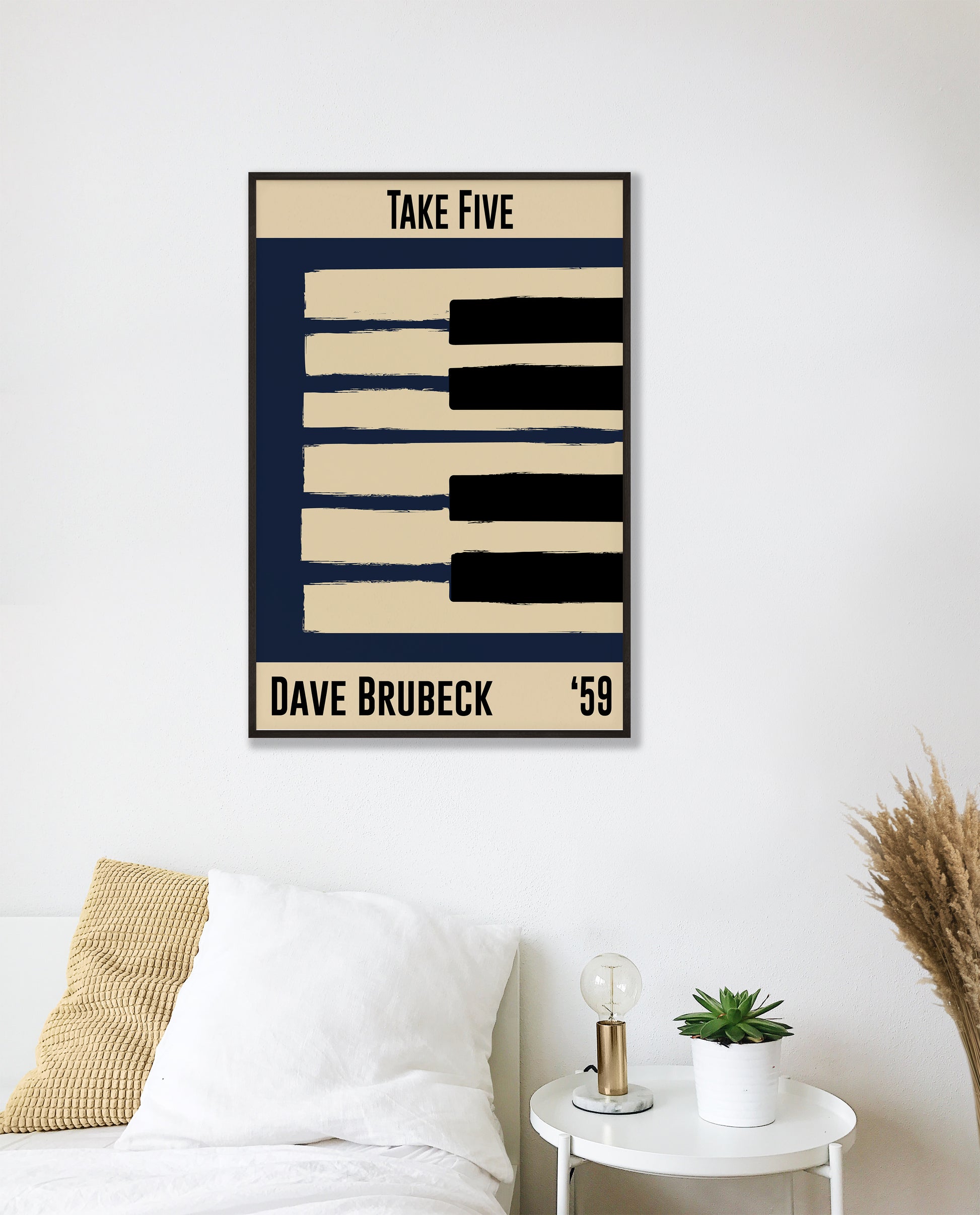 Blue and cream piano design celebrating Dave Brubeck's Take Five, released in 1959. Mocked up into black framed print hanging on a white bedroom wall