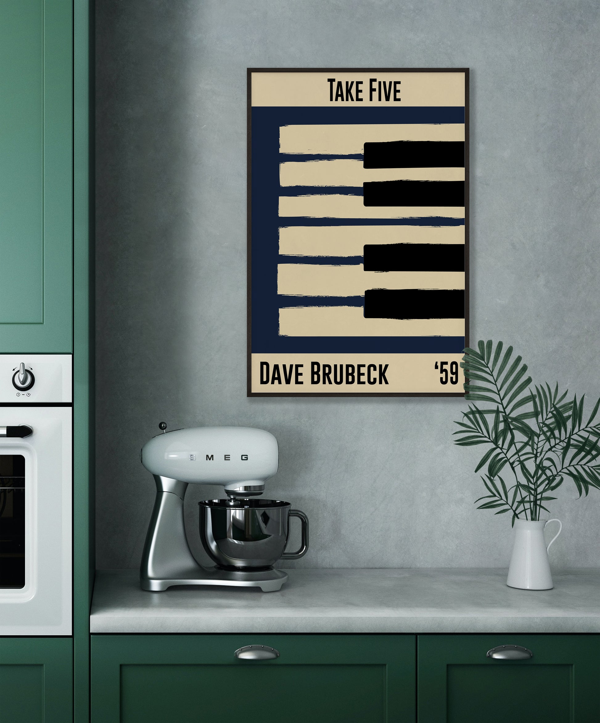 Blue and cream piano design celebrating Dave Brubeck's Take Five, released in 1959. Mocked up into black framed print hanging on a grey kitchen wall