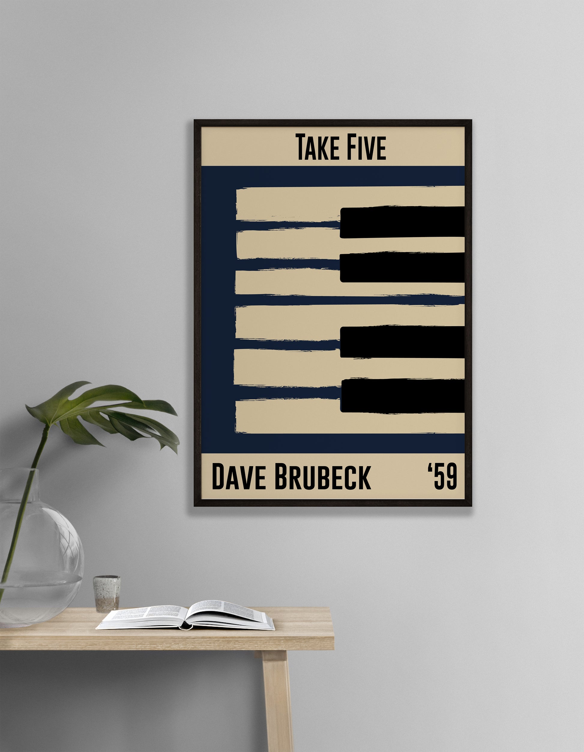Blue and cream piano design celebrating Dave Brubeck's Take Five, released in 1959. Mocked up into black framed print hanging on a white living room wall