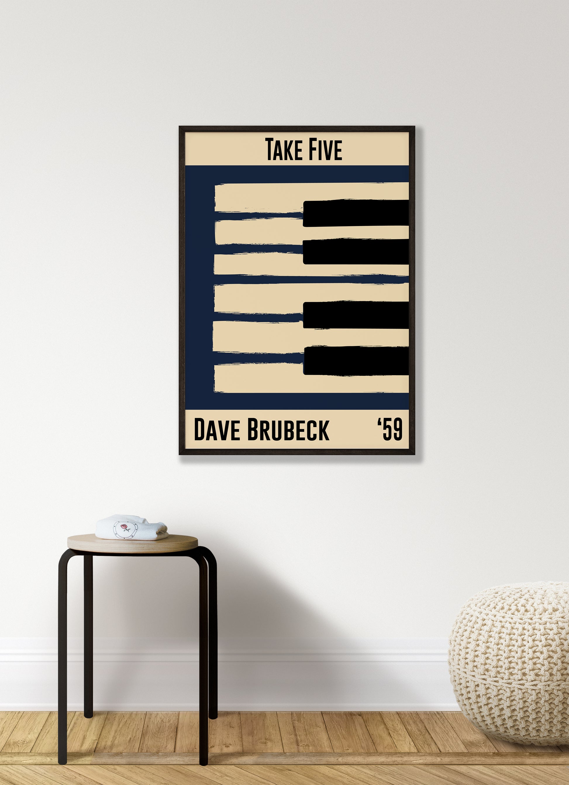 Blue and cream piano design celebrating Dave Brubeck's Take Five, released in 1959. Mocked up into black framed print hanging on a white living room wall