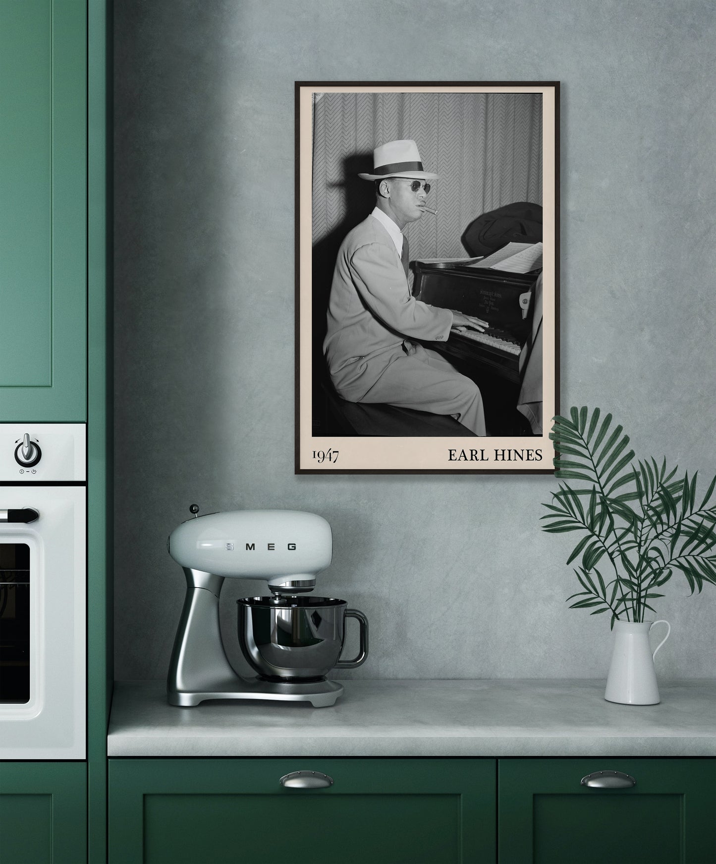 1947 photo of Earl Hines crafted into an elegant black-framed print. Hanging on a grey kitchen wall