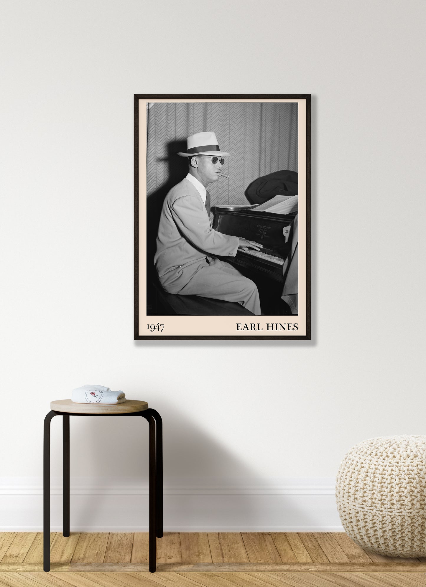 1947 photo of Earl Hines crafted into an elegant black-framed print. Hanging on a white living room wall