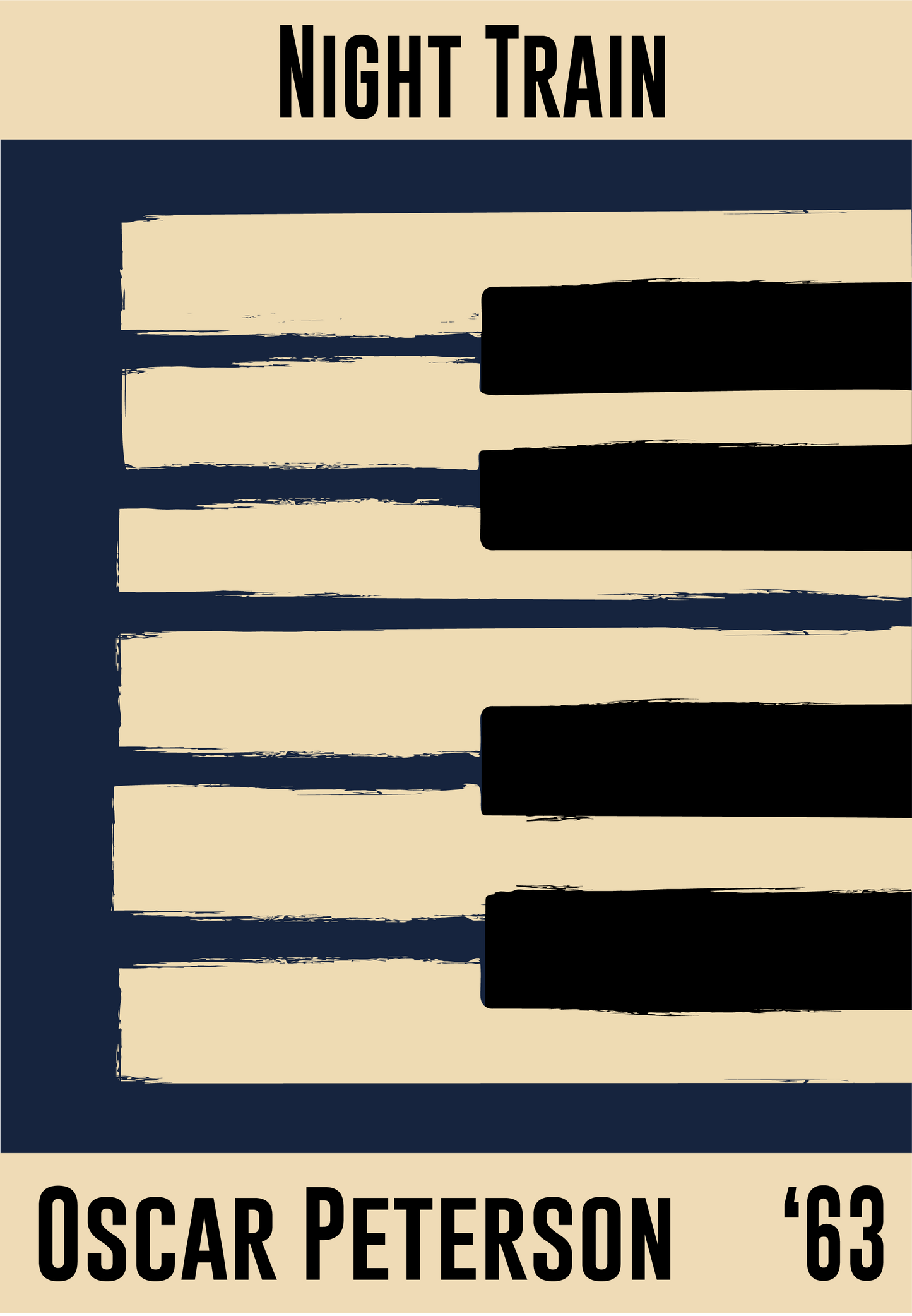 Blue and cream piano design celebrating Oscar Peterson's Night Train, released in 1963