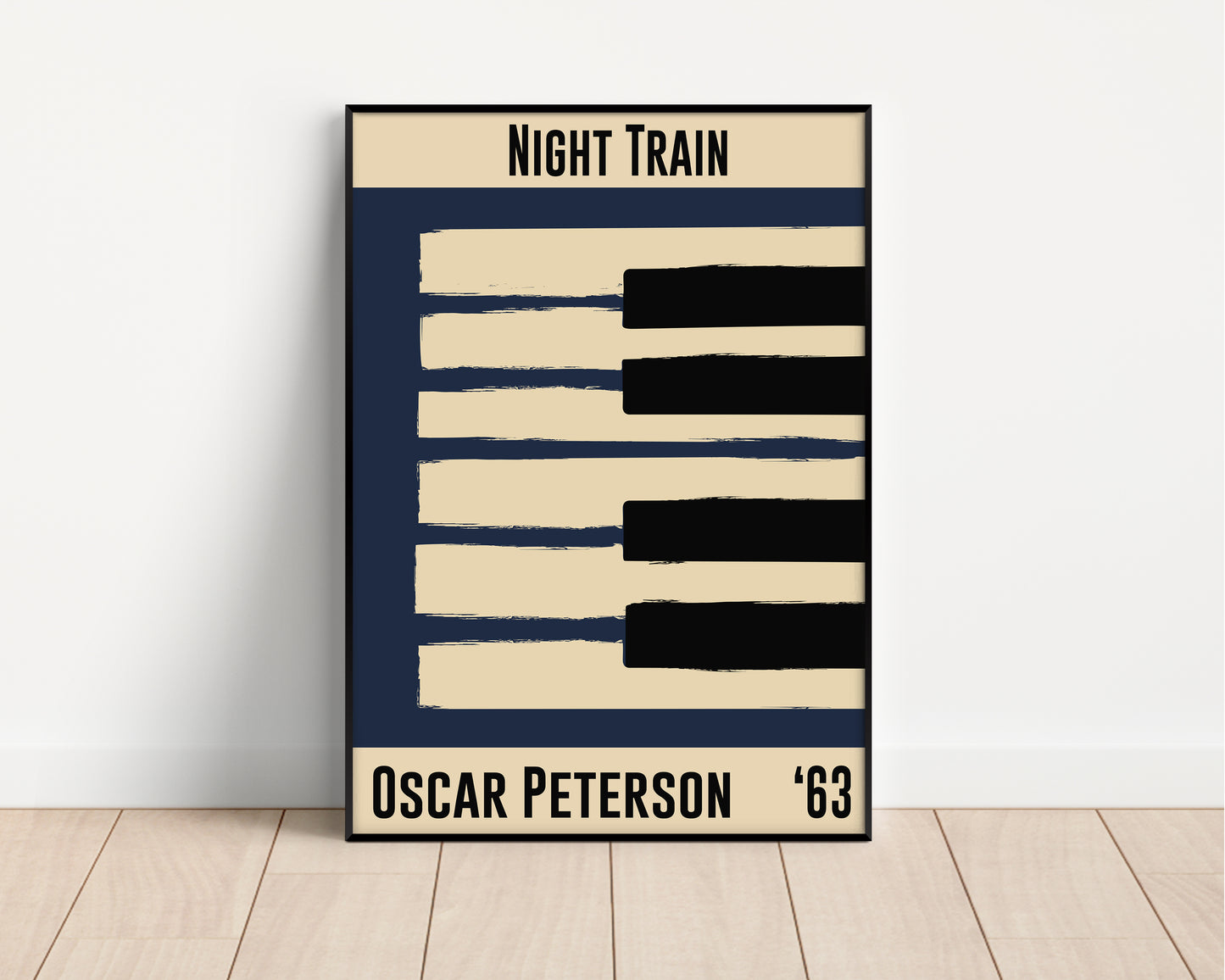Blue and cream piano design celebrating Oscar Peterson's Night Train, released in 1963. Mocked up into black framed print leaning against a white wall