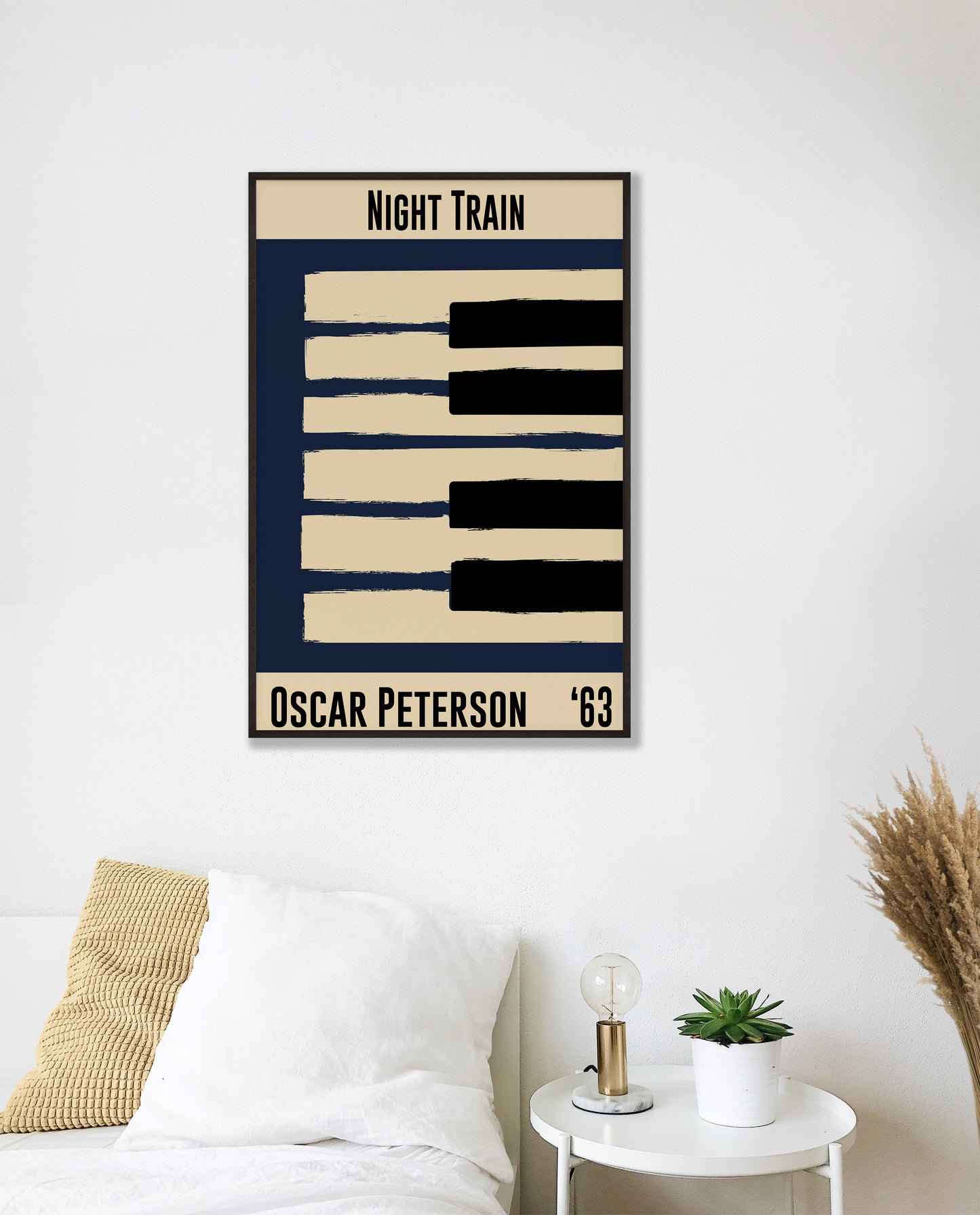 Blue and cream piano design celebrating Oscar Peterson's Night Train, released in 1963. Mocked up into black framed print hanging on white bedroom wall