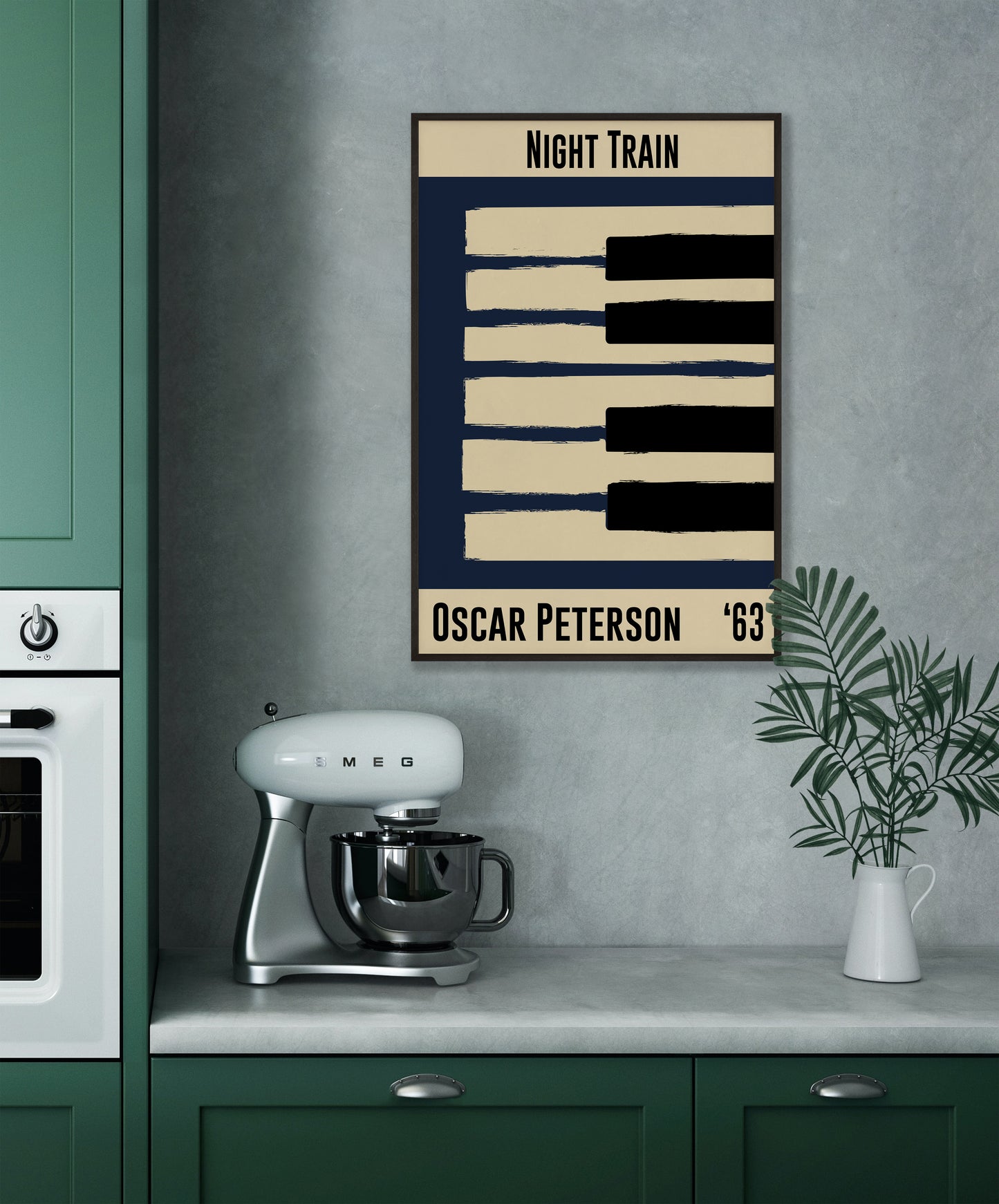 Blue and cream piano design celebrating Oscar Peterson's Night Train, released in 1963. Mocked up into black framed print hanging on grey kitchen wall