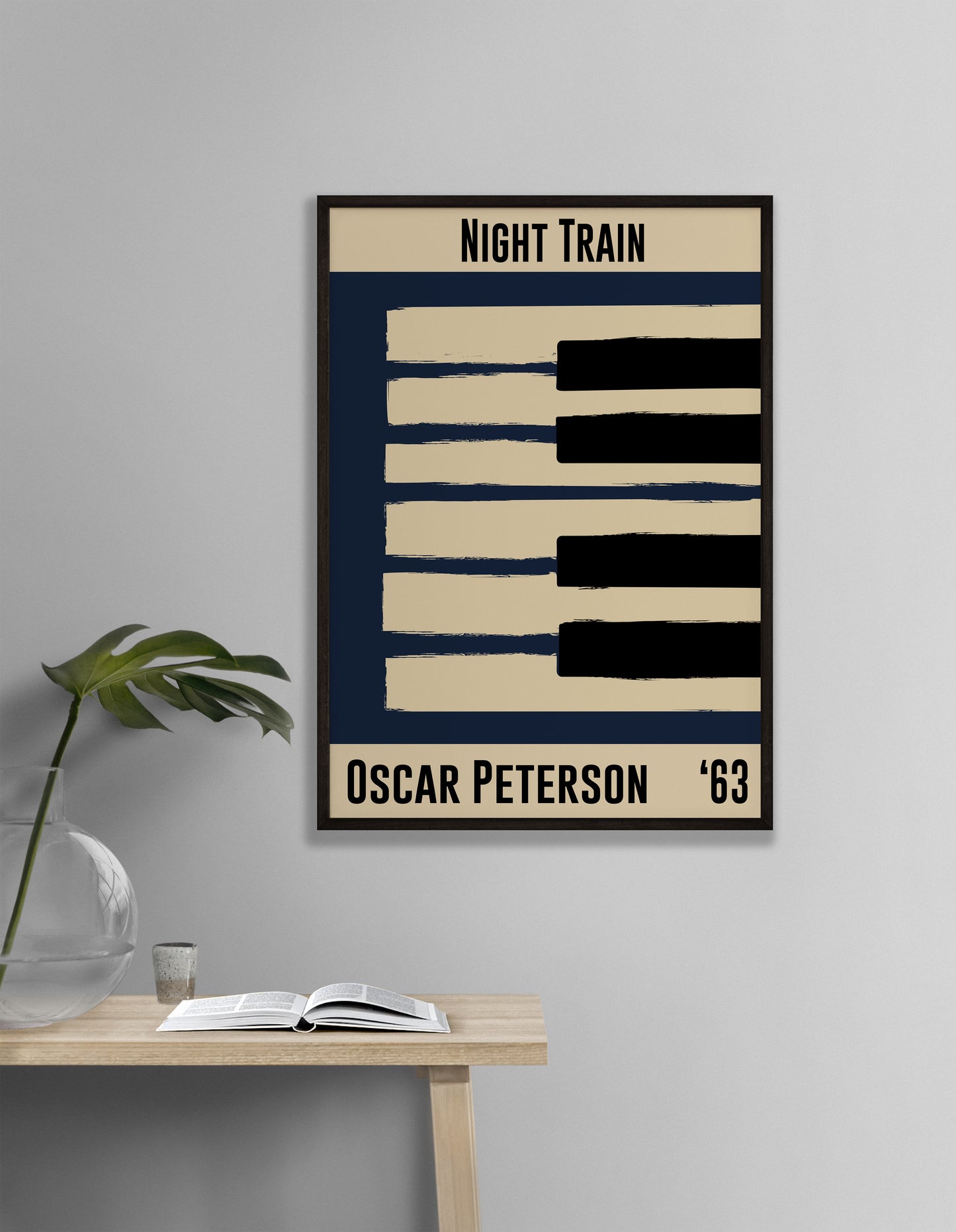 Blue and cream piano design celebrating Oscar Peterson's Night Train, released in 1963. Mocked up into black framed print hanging on white living room wall