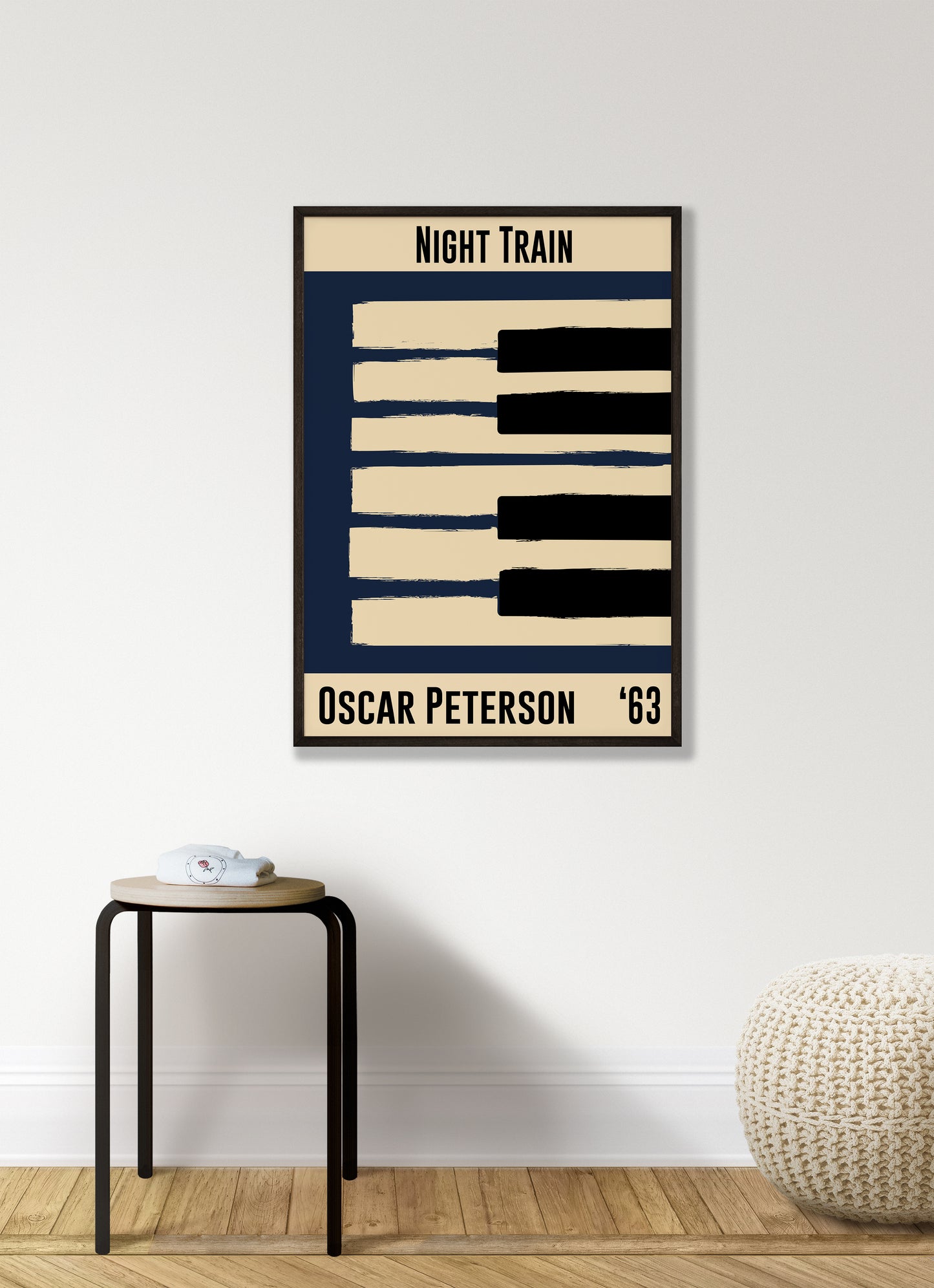 Blue and cream piano design celebrating Oscar Peterson's Night Train, released in 1963. Mocked up into black framed print hanging on white living room wall