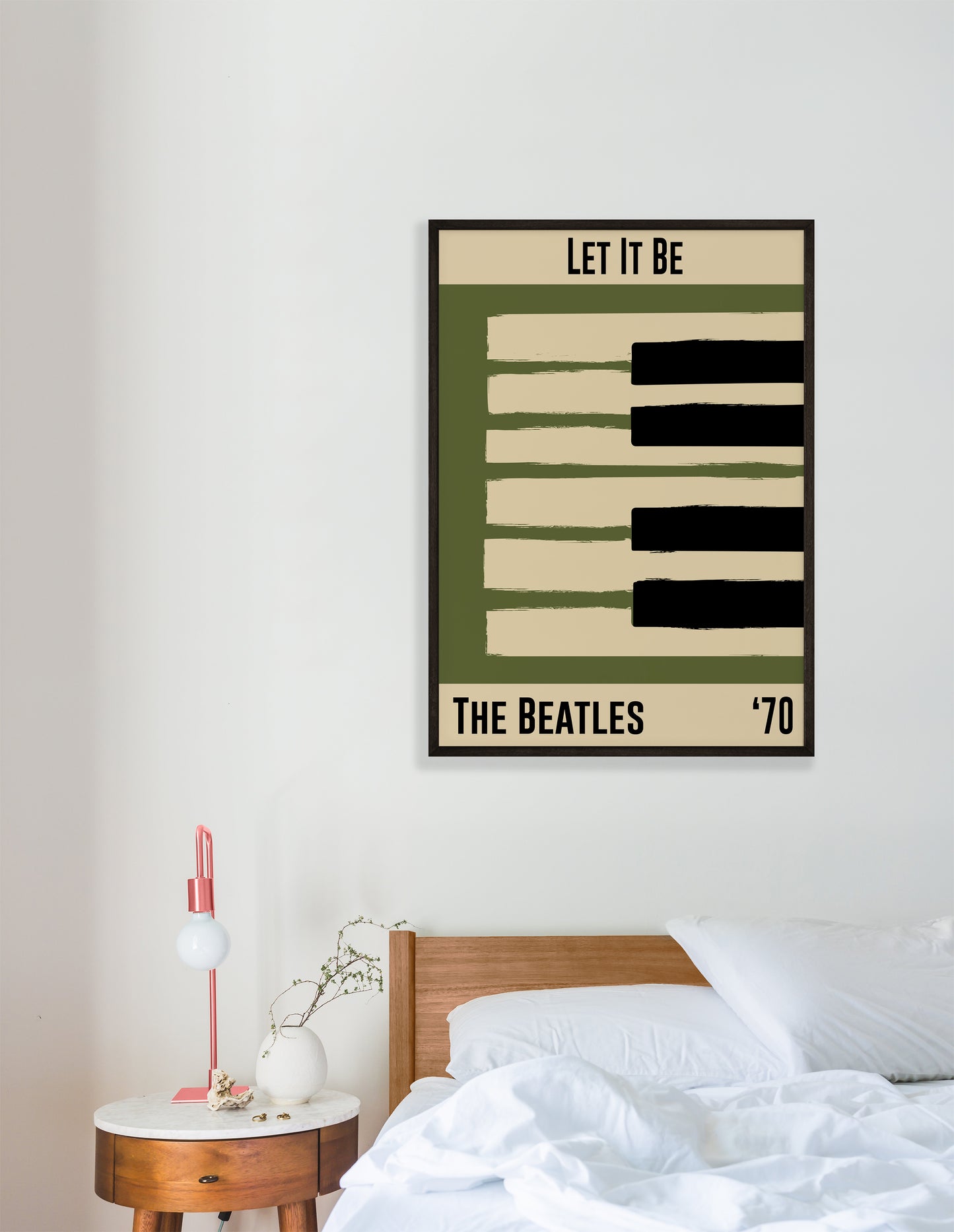 Olive green and cream piano design celebrating The Beatle's Let It Be, released in 1970. Mocked up into black framed print hanging on a white bedroom wall