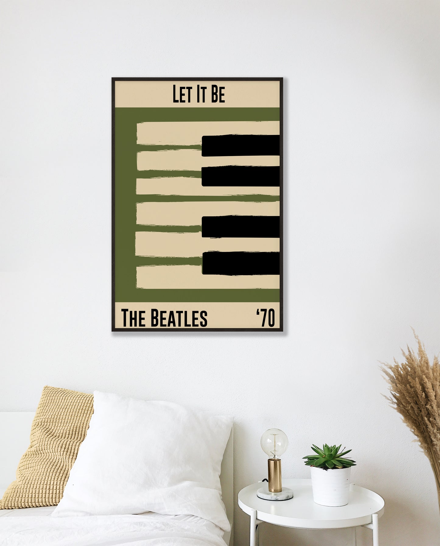 Olive green and cream piano design celebrating The Beatle's Let It Be, released in 1970. Mocked up into black framed print hanging on a white bedroom wall