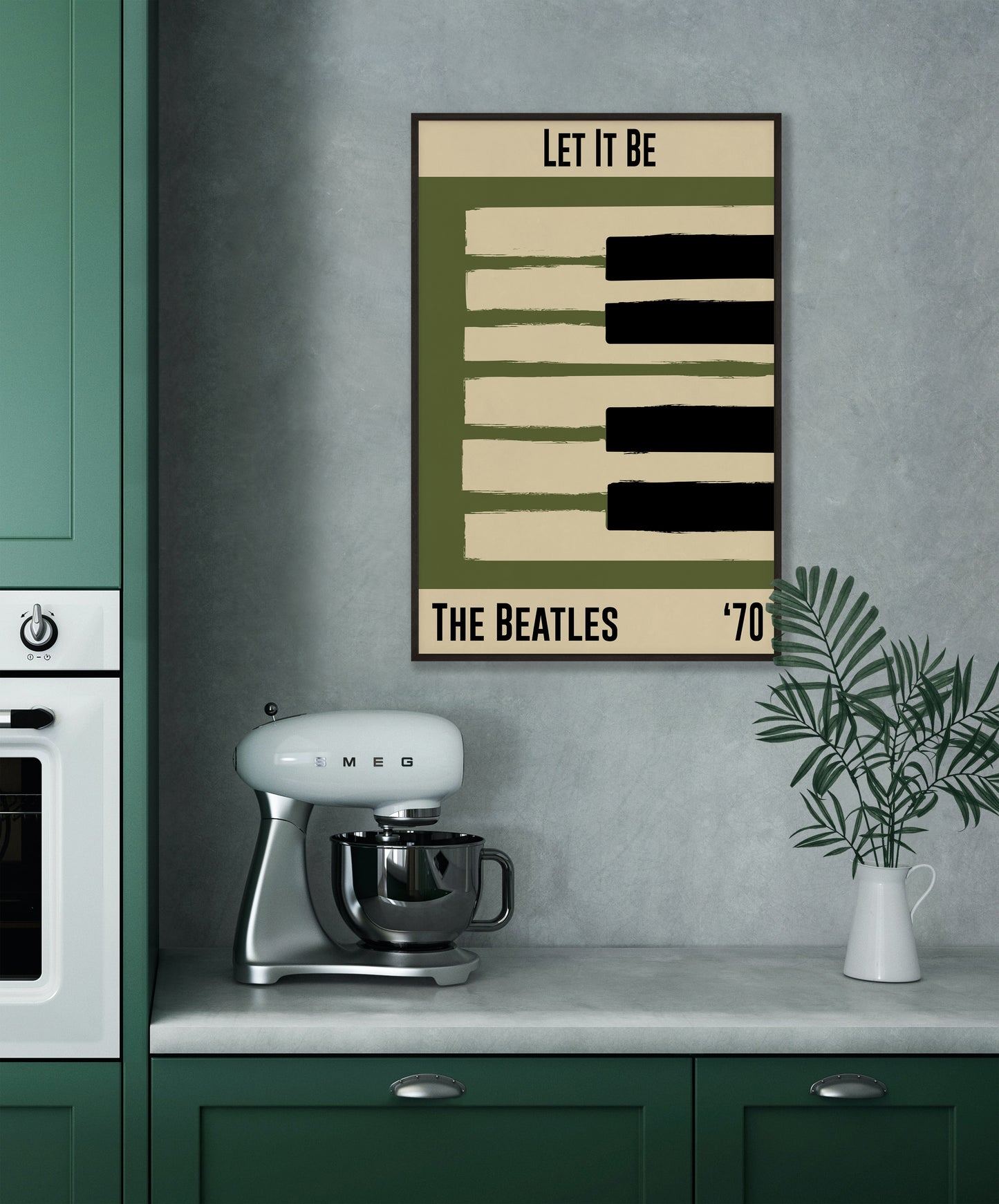 Olive green and cream piano design celebrating The Beatle's Let It Be, released in 1970. Mocked up into black framed print hanging on a grey kitchen wall
