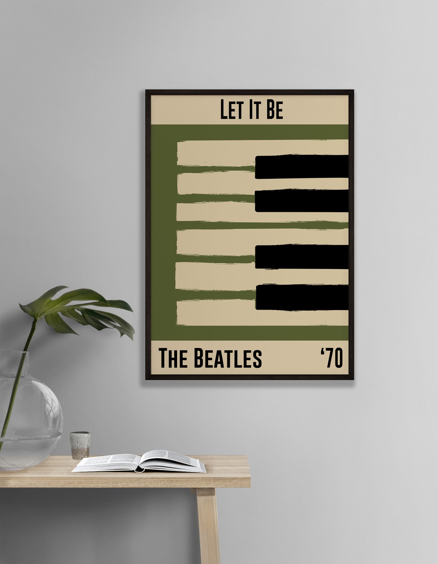 Olive green and cream piano design celebrating The Beatle's Let It Be, released in 1970. Mocked up into black framed print hanging on a white living room wall