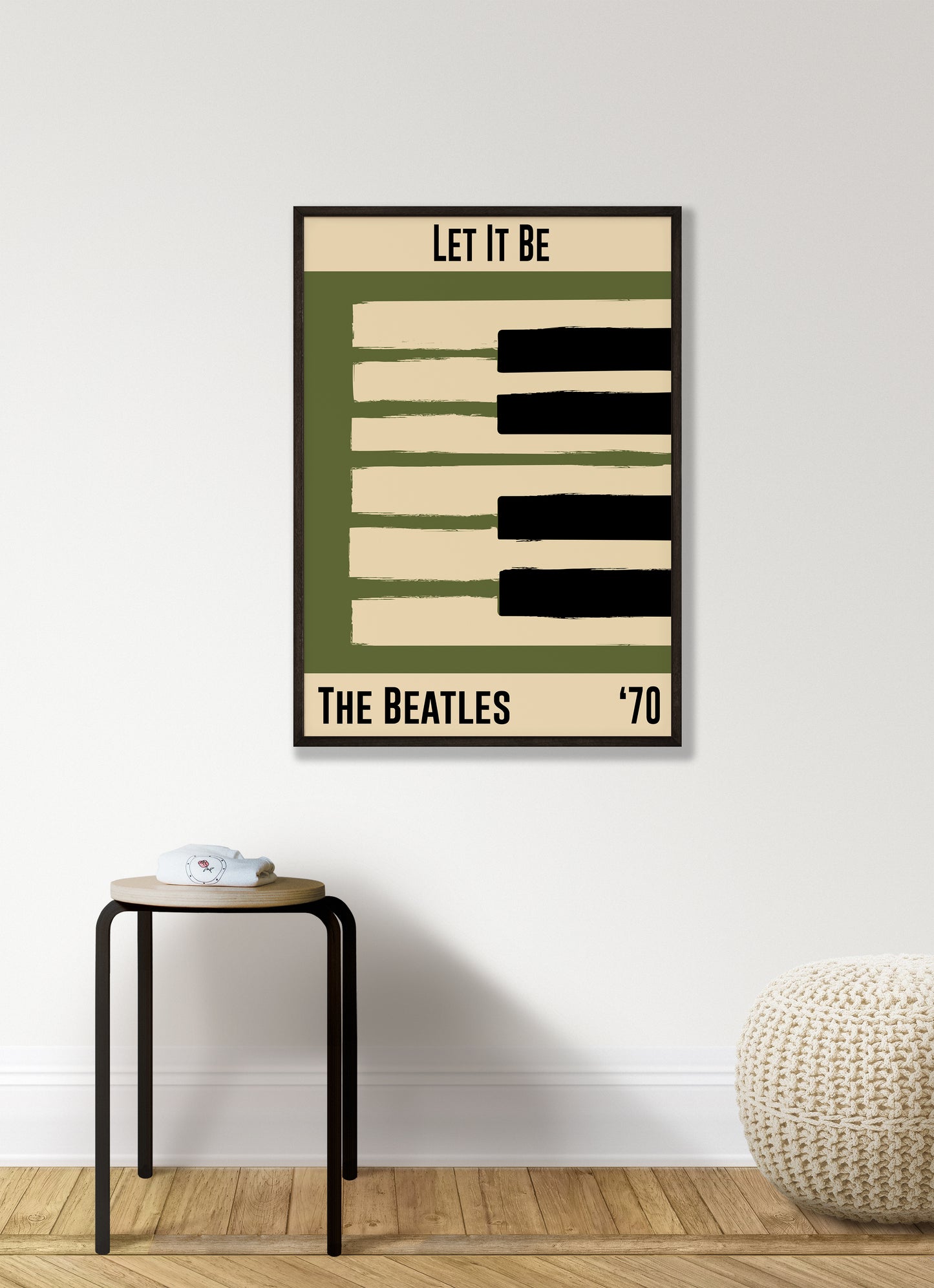 Olive green and cream piano design celebrating The Beatle's Let It Be, released in 1970. Mocked up into black framed print hanging on a white living room wall