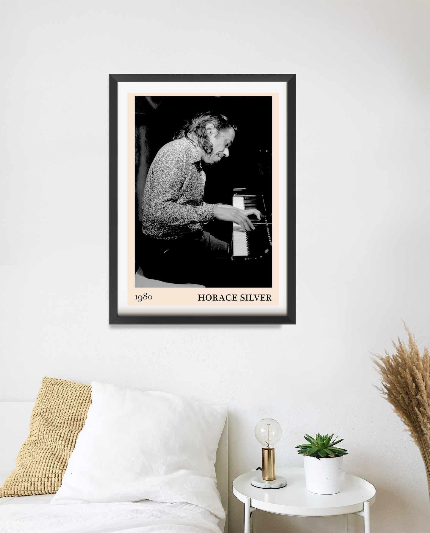Horace Silver Classic Jazz Print in black frame above modern bed, features vintage pianist design in portrait 20 mount mockup