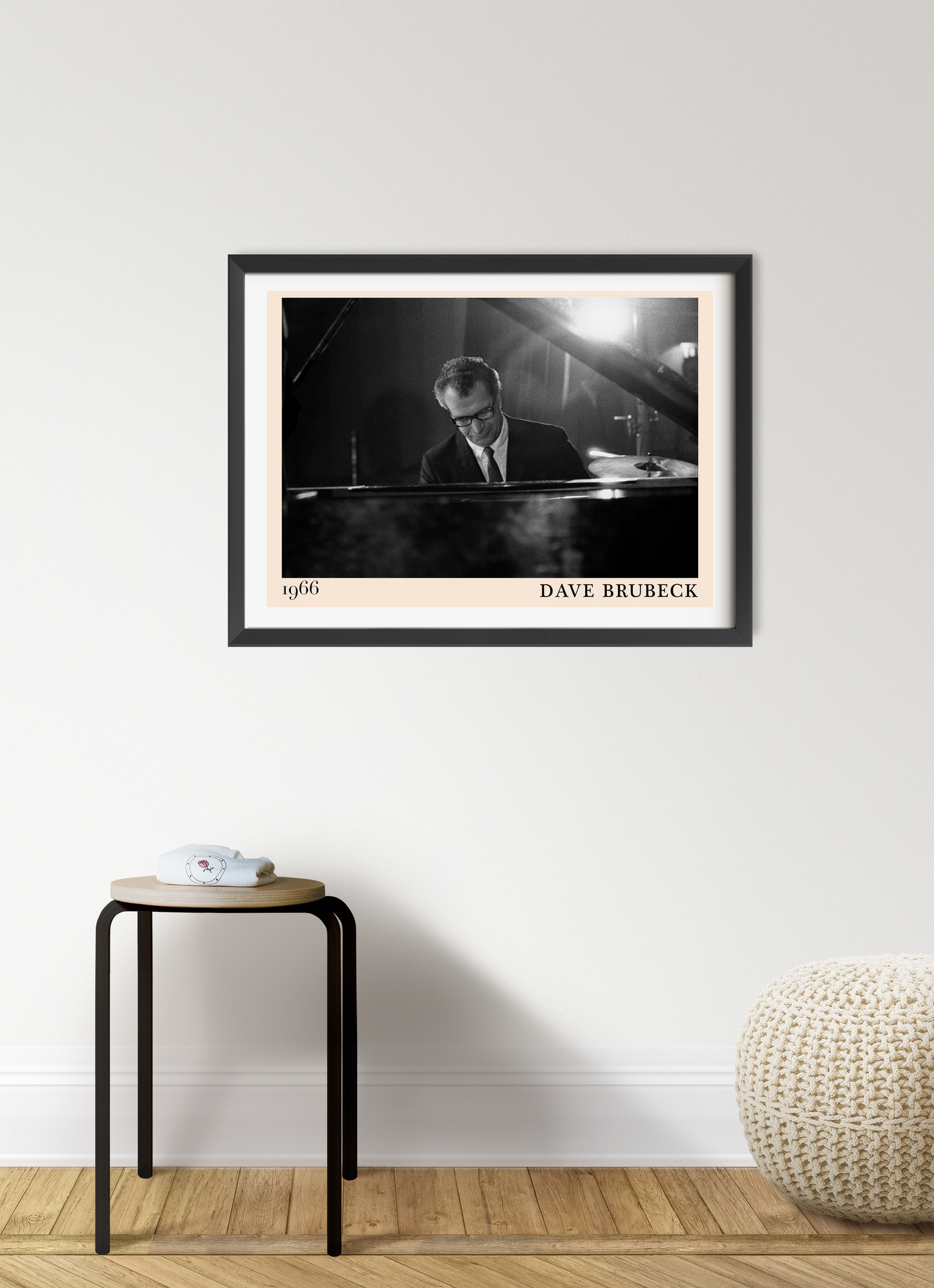 Dave Brubeck Retro Jazz Poster in landscape mount mockup, black and white piano scene framed on modern living room wall