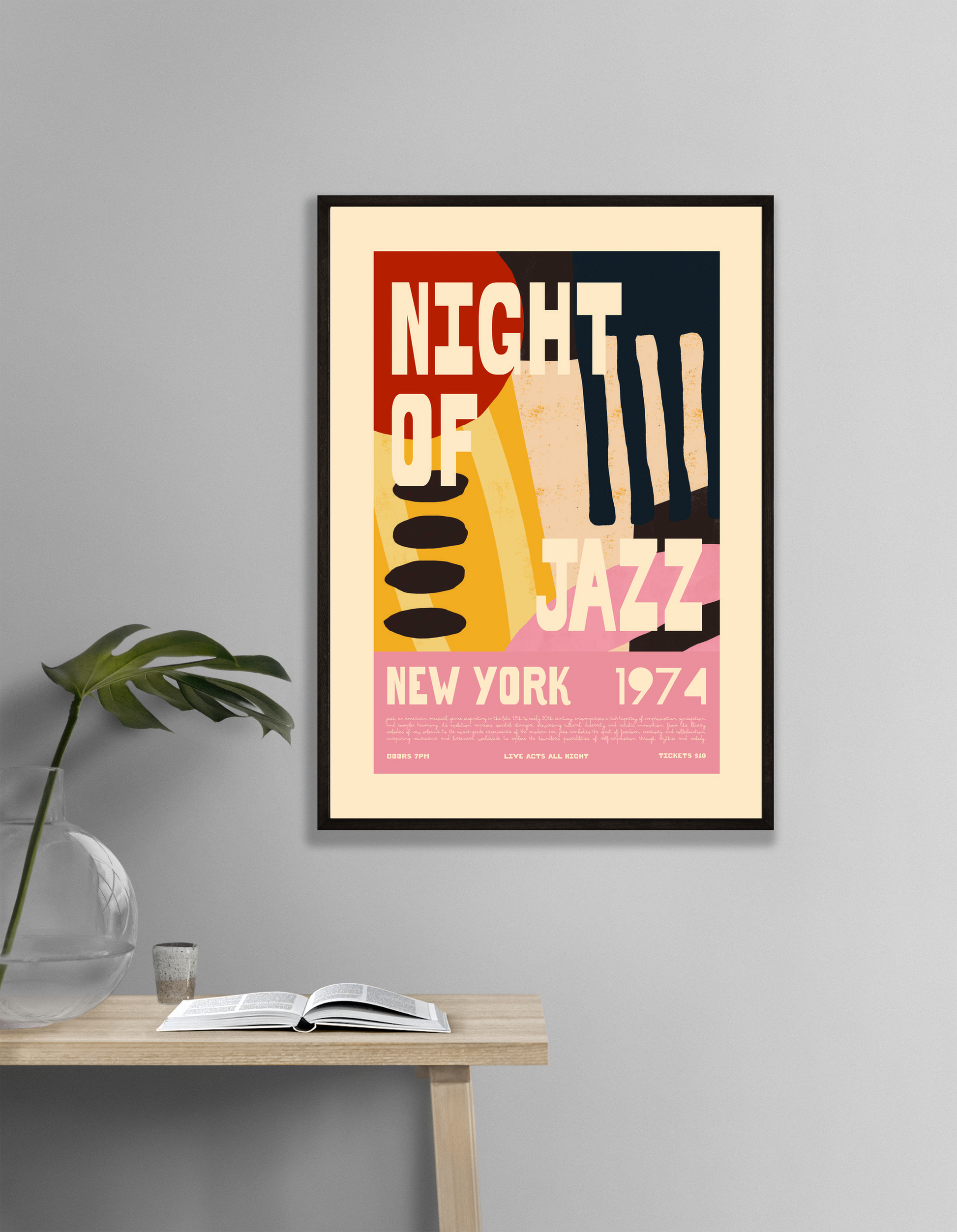Retro Jazz Poster - Night of Jazz New York 1974 Abstract Wall Art Print - Mockup