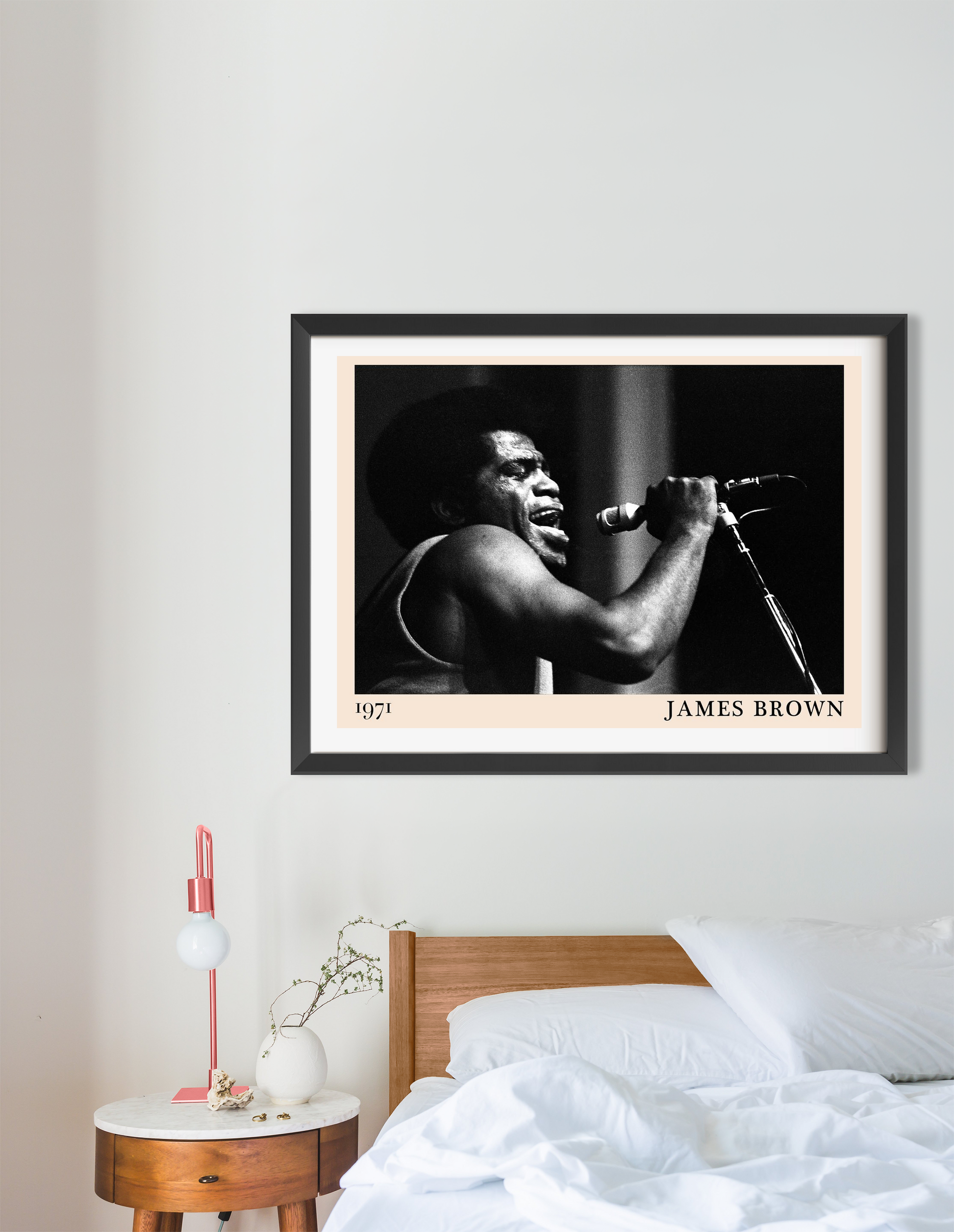 James Brown Vintage Soul Poster in landscape 16 mount, black and white design above modern wood bed in cozy bedroom setting