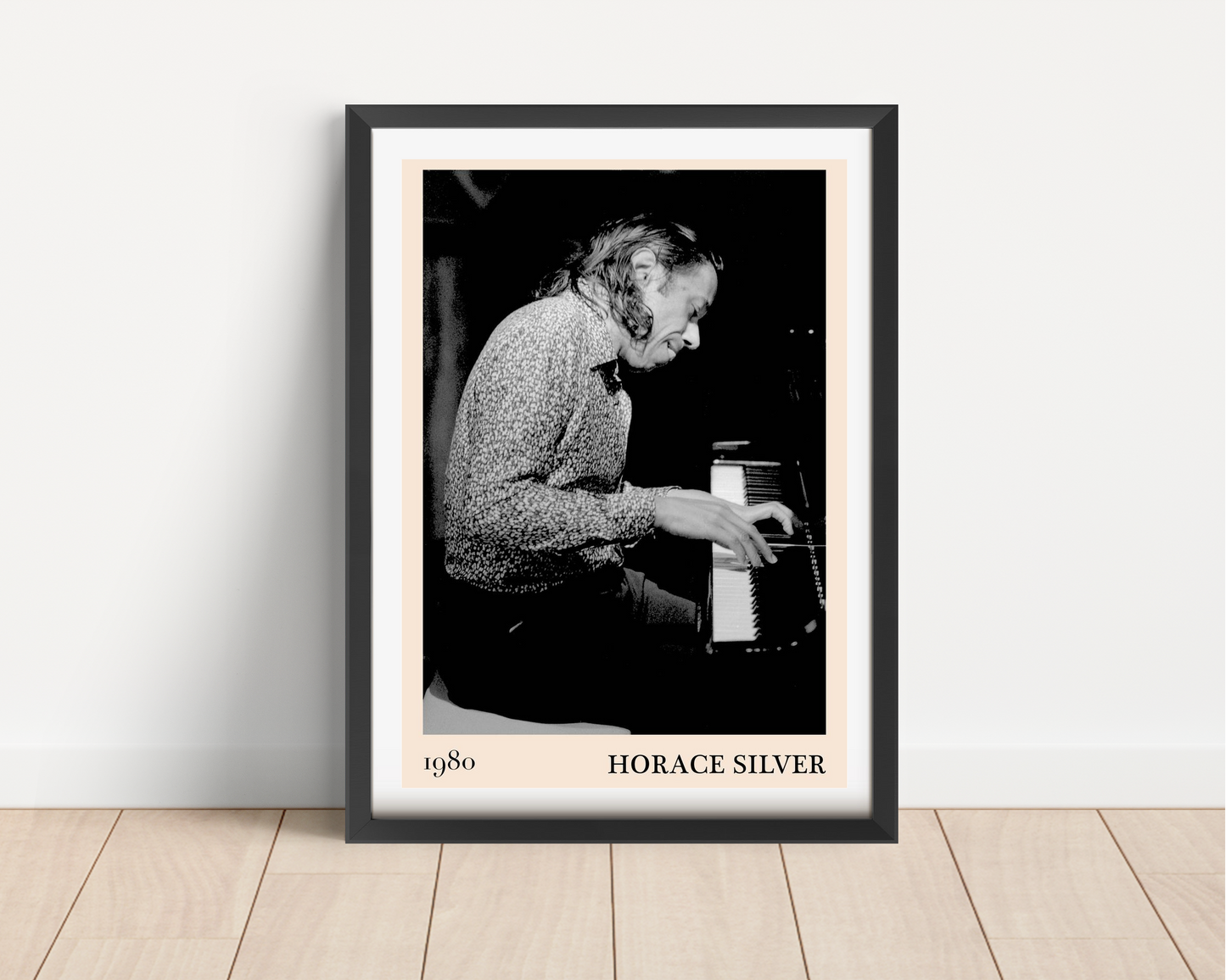 Horace Silver Classic Jazz Print in portrait main mount mockup, black frame on wood floor, vintage piano design, 1980 text.