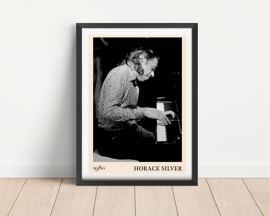 Horace Silver Classic Jazz Print in portrait main mount mockup, black frame on wood floor, vintage piano design, 1980 text.