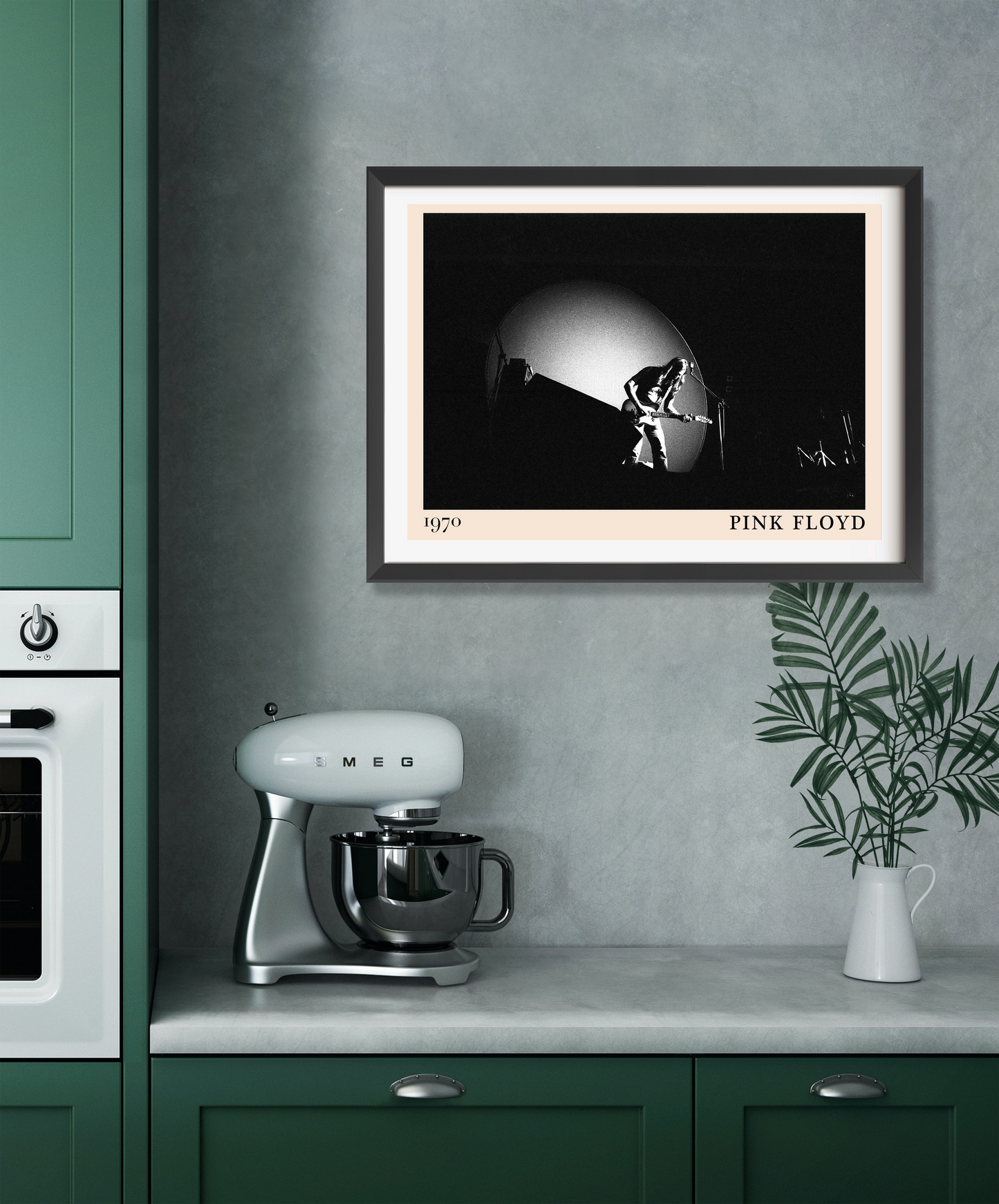 Pink Floyd Retro Rock Poster in landscape mount, black and white concert design above modern green kitchen counter setup.