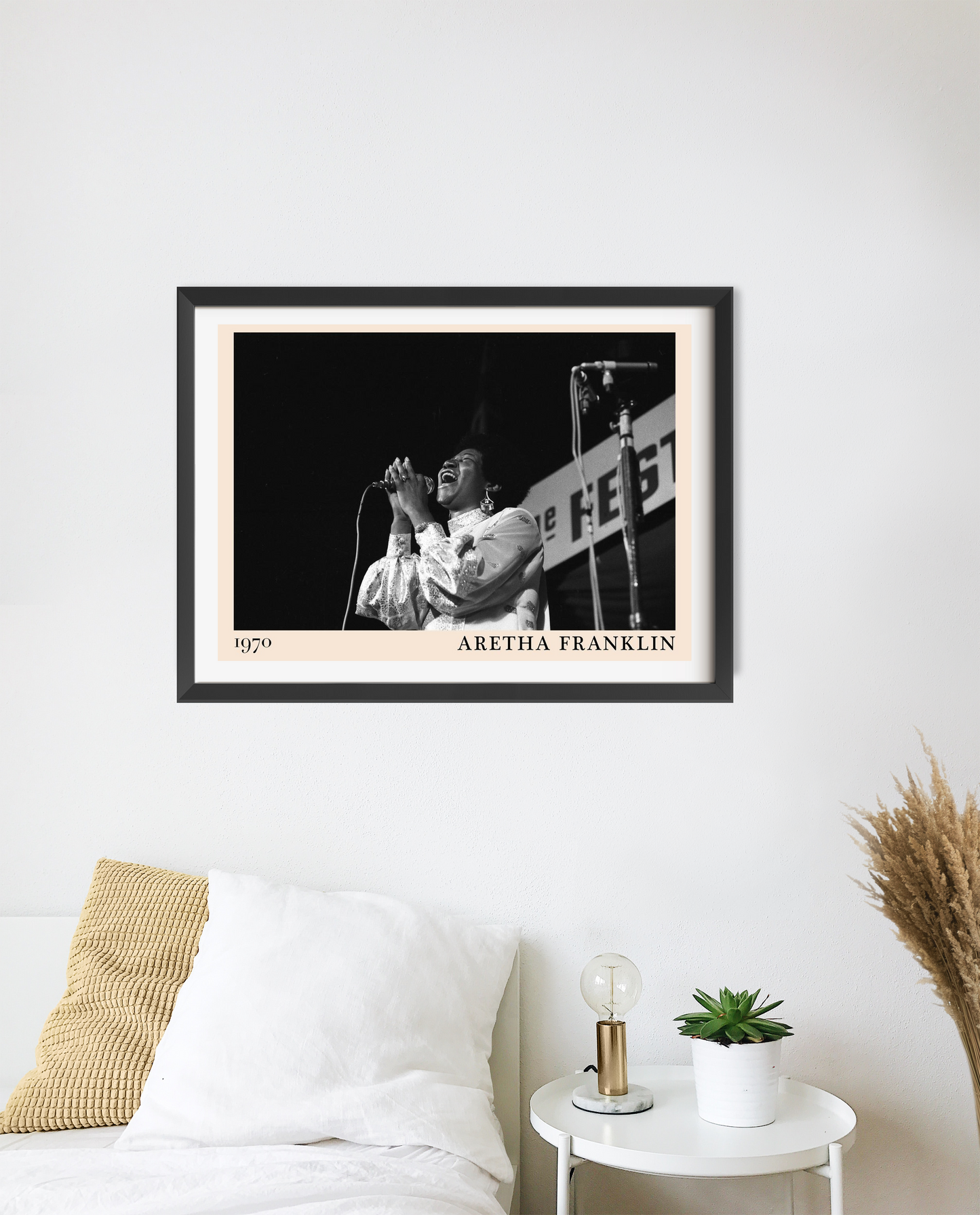 Aretha Franklin vintage jazz poster in landscape 20 mount mockup above a bed, black and white concert photo, minimalist décor