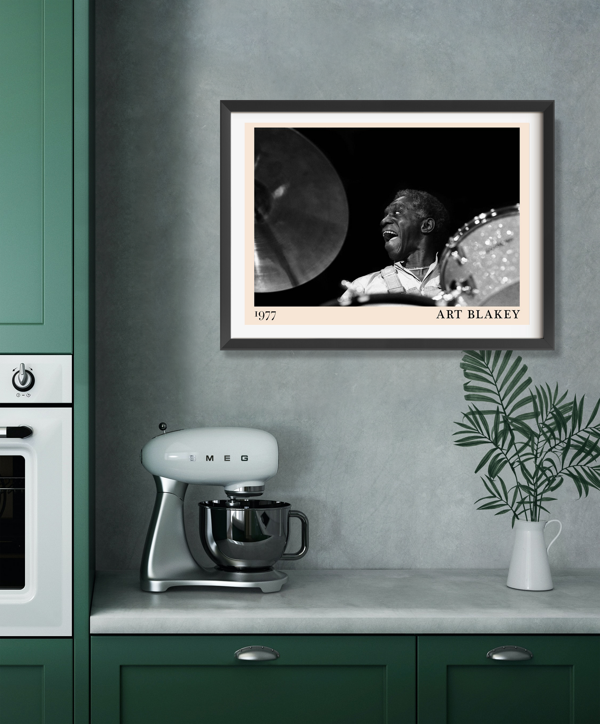 Art Blakey vintage jazz poster in landscape 22 mount mockup, black and white design above modern kitchen counter decor.